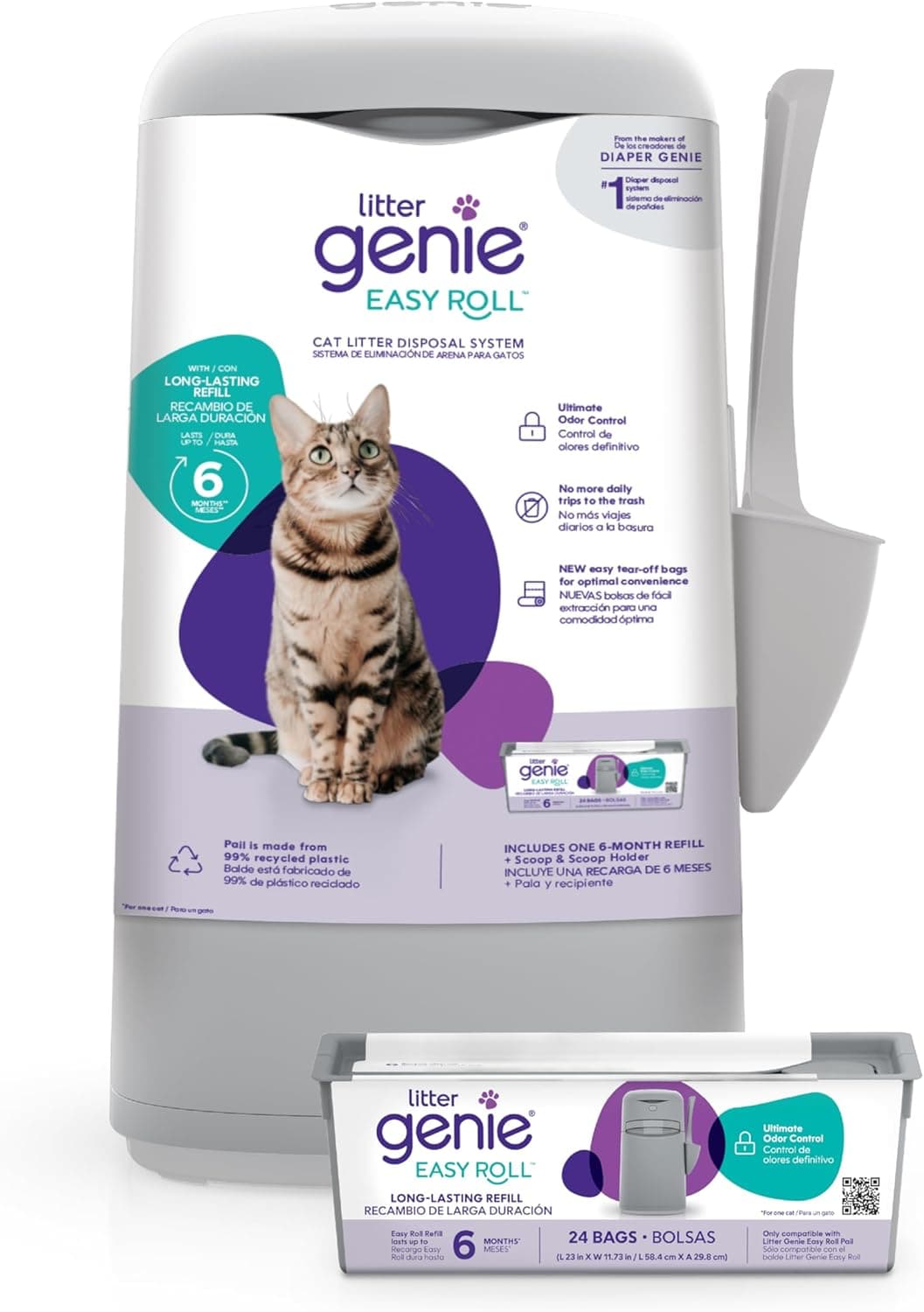 Litter Genie Easy Roll Pail | Sistema de eliminação de areia para gatos com controlo de odores e 24 sacos incluídos