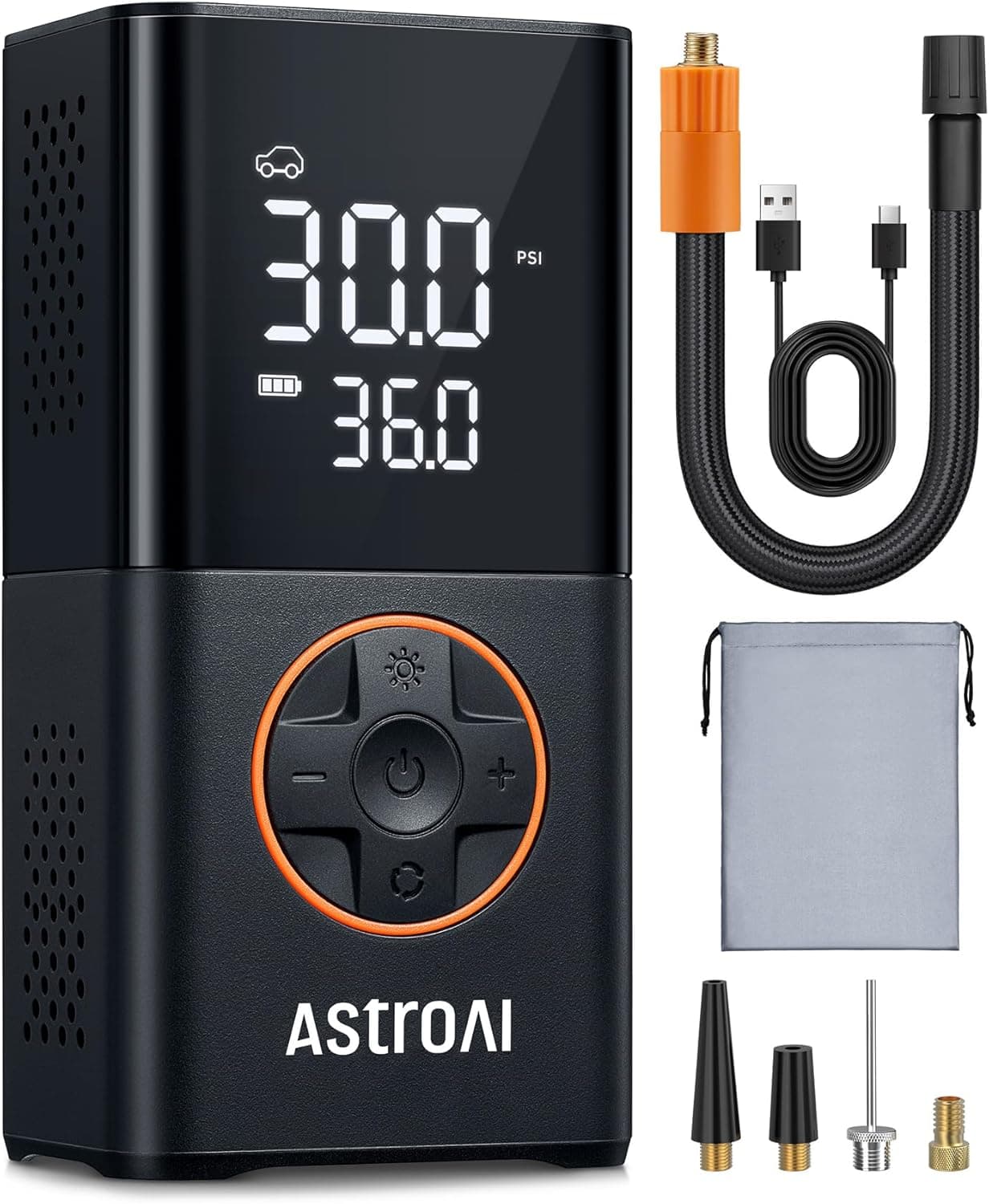 AstroAI Compressor de ar portátil, insuflador de rodas para carro, compressor de ar carro, insuflador rodas carro com bateria recarregável e luz LED para carro, bicicletas, mota e etc. (laranja)