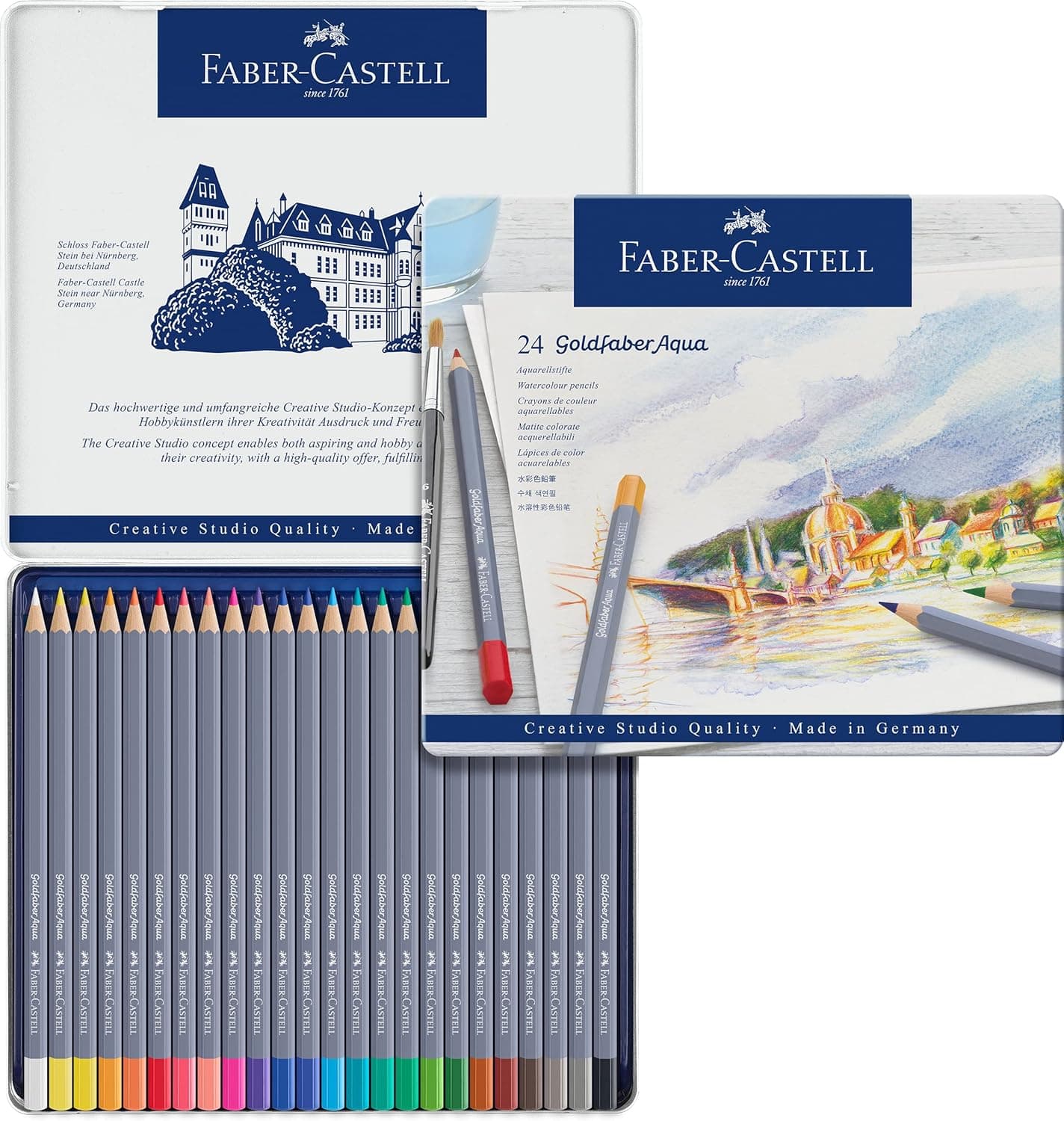 Faber-Castell 114624 - Estojo de metal com 24 ecolápis aguarela hexagonais Goldfaber Aqua, cores sortidas