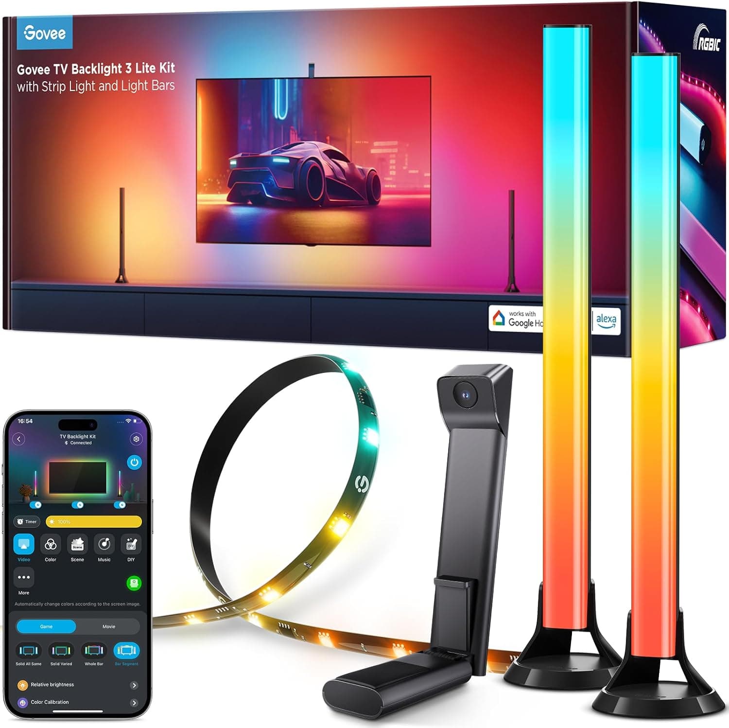 Govee Luzes LED TV retroiluminação 3 Lite Kit, luzes LED para TV de 55 a 65 polegadas, faixa de luz LED RGBICW Wi-Fi TV de 3,6 m com câmara e barras de luz inteligentes de 38 cm com contas de luz