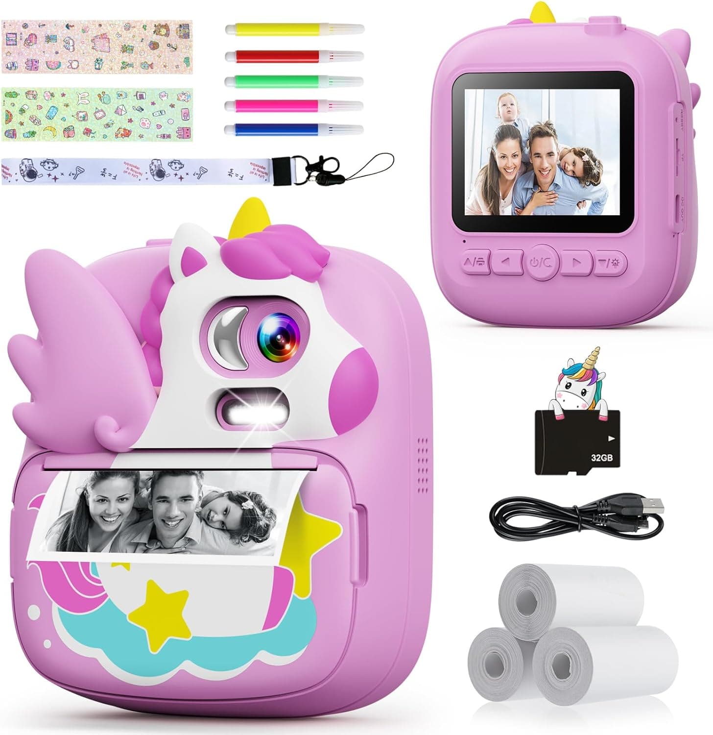 CAMCLID Câmara com fotos infantis instantâneas, 2,4'' HD 1080P câmara com cartão de 32 G e papel fotográfico de impressão, meninos e meninas de 3 a 12 anos (violeta)