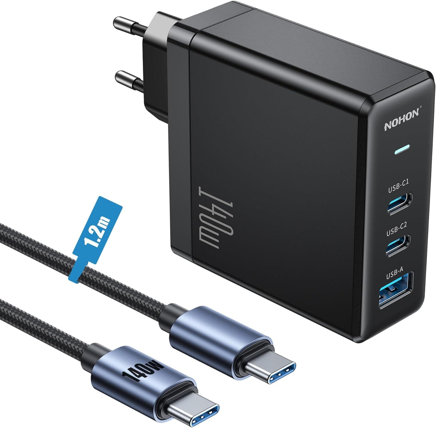 NOHON 140 W Carregador USB C rápido adaptador: PD 3.0 GAN fonte de alimentação com 140 W 1,2 M cabo tipo C carregamento rápido, 3 portas compatível com iPhone 12 13 14 15 16 MacBook iPad Computador