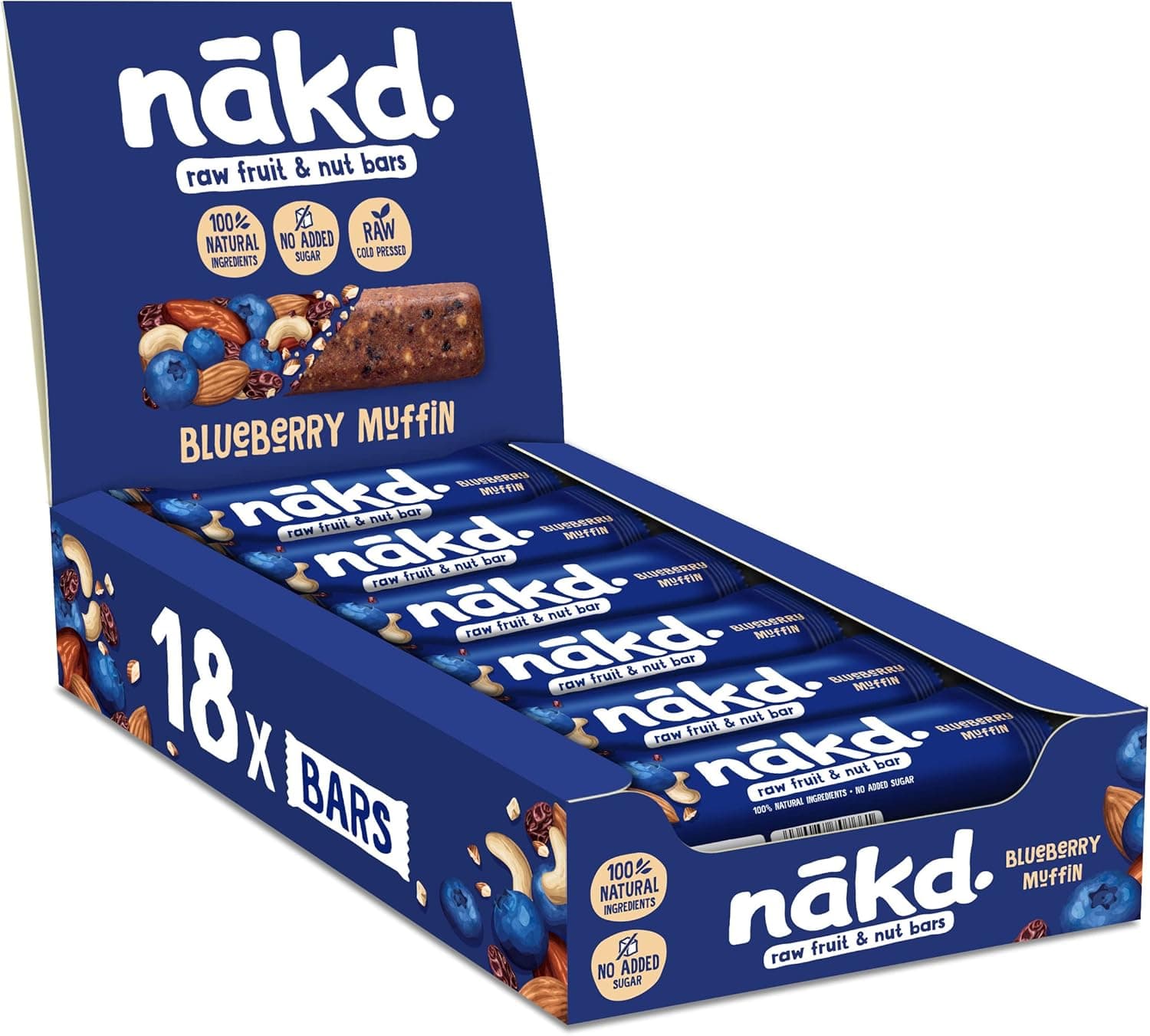 Nākd. Blueberry Muffin Barrinhas Raw de frutas e frutos secos, 100% ingredientes naturais, sem açúcar adicionado, 18 x 35 g, 630 g