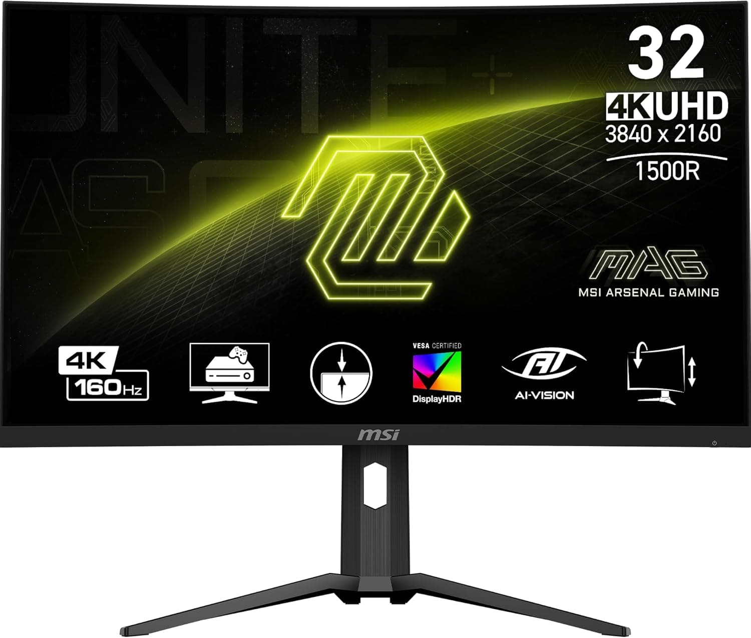 MSI mag 321CUP Monitor Gaming Curvo UHD de 31,5", 1500R 3840 x 2160 VA painel, 160 Hz / 1 ms, Adaptive-Sync, DP 1,4a, USB Type-C (DP alt., c/ 15 W PD), HDMI 2.1 CEC