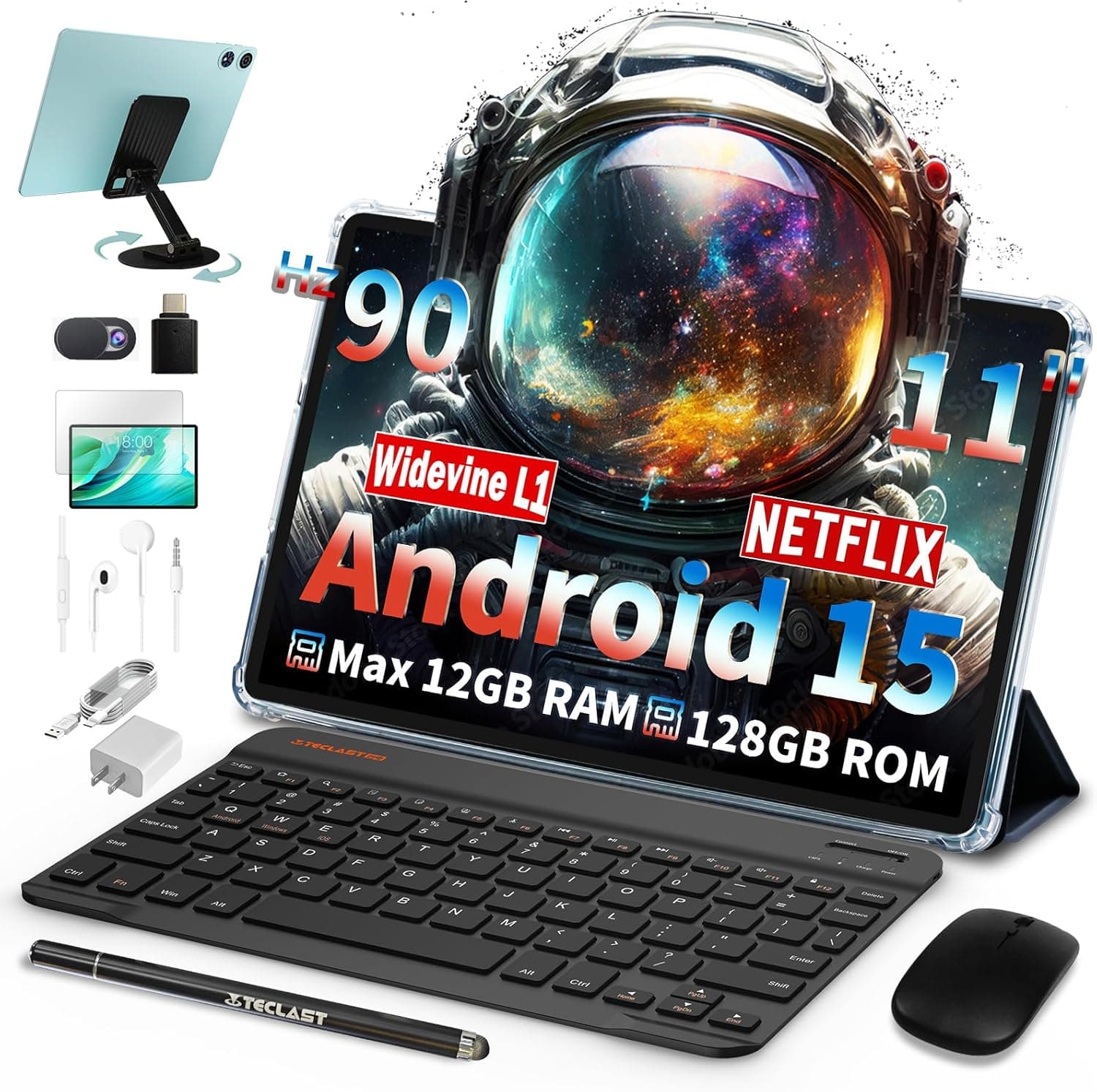 TECLAST Tablet de 11 polegadas P50Case 90Hz tablet Android 15, 2,0 GHz Octa-Core, 12 GB RAM 128 GB ROM/TF 4TB/7000 mAh/Widevine L1/BT5/GPS/OTG, tablet com teclado + lápis capa + auriculares , 10