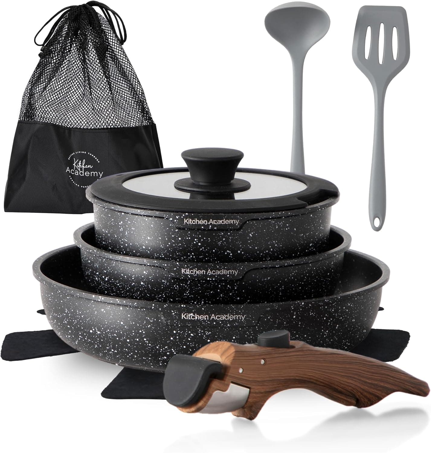 Kitchen Academy Conjunto de panelas de 8 peças, com tampa de vidro, revestimento de mármore, anti-aderente, adequado para indução, cabo de vidro de grão, cor preta
