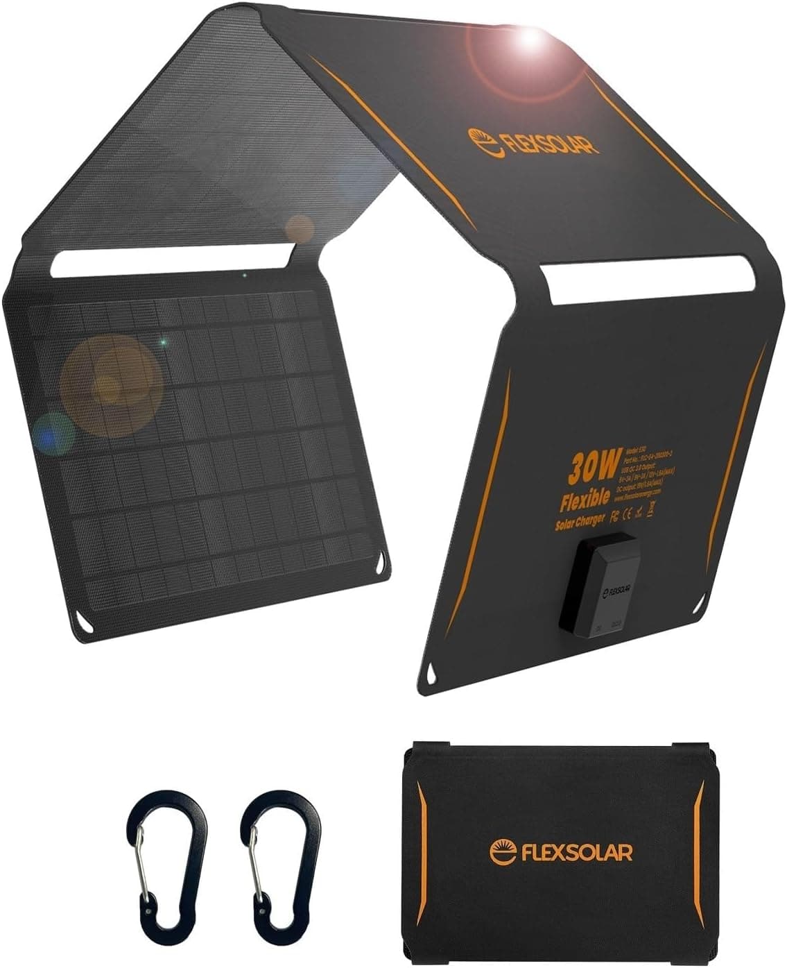 FlexSolar Carregador Solar Portátil 30W, Painel Dobrável IP67 Impermeável com Porta USB QC3.0/DC, Compatível com Smartphones, Power Banks e Estações de Energia, Ideal para Campismo