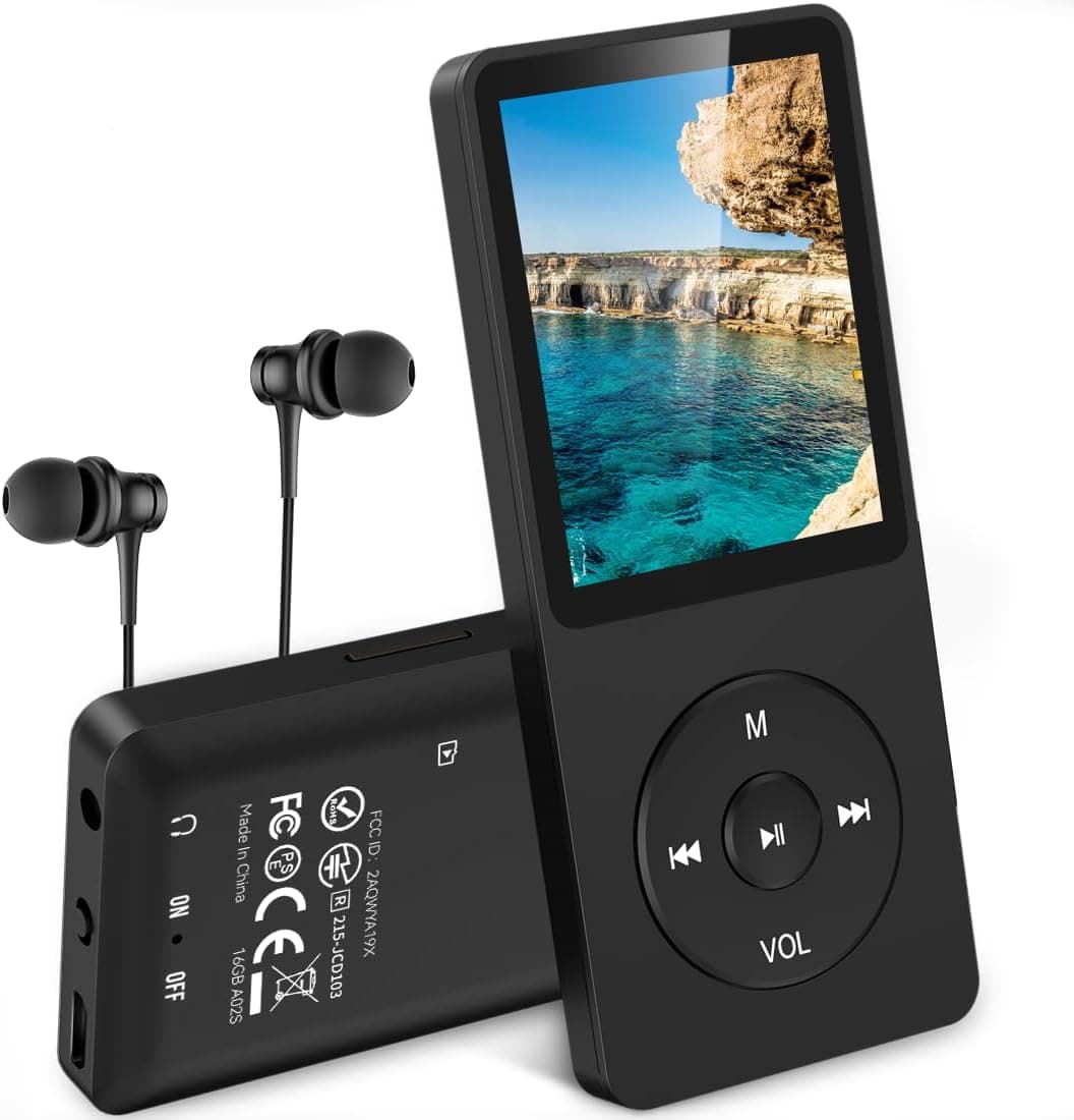 AGPTEK Leitor MP3 de 16 GB, ecrã de 1,8" com auriculares para leitor desportivo portátil, leitor de música som sem perdas, altifalante, rádio FM, vídeo, externo até 128 GB, preto