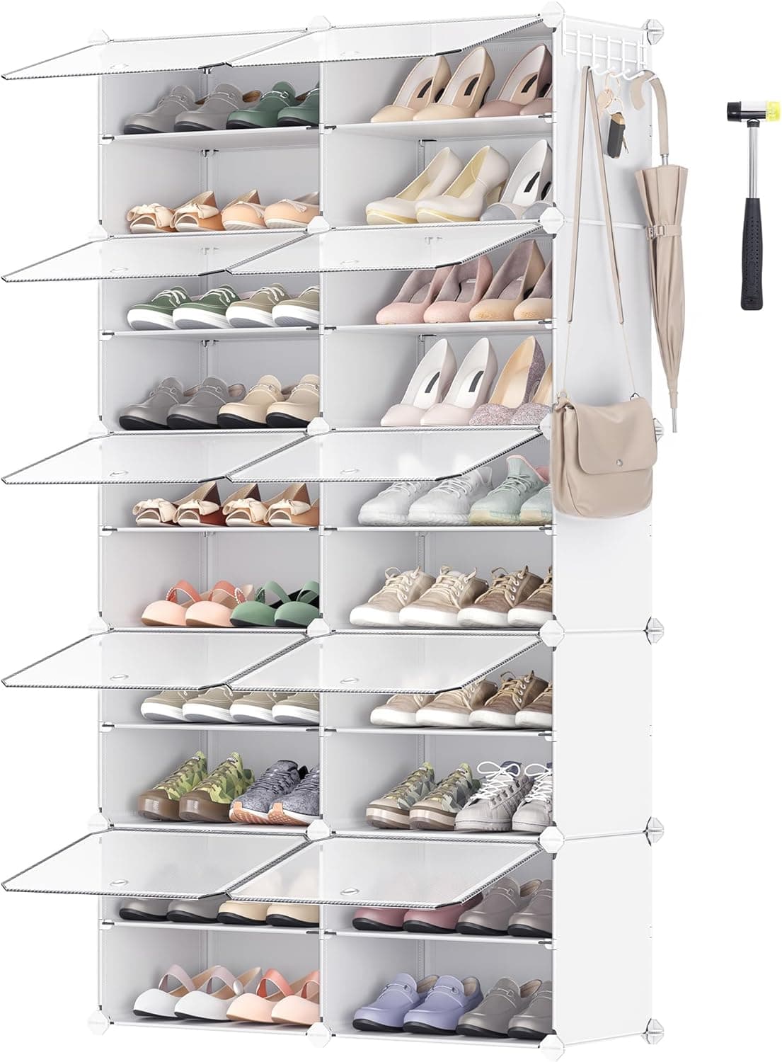 SONGMICS Armário de sapato de plástico, 10 compartimentos, sapato modular, estante modular de plástico, 30 x 40 x 30 cm cada balde, com porta, moldura de aço, painel de plástico, branco LPC035W01