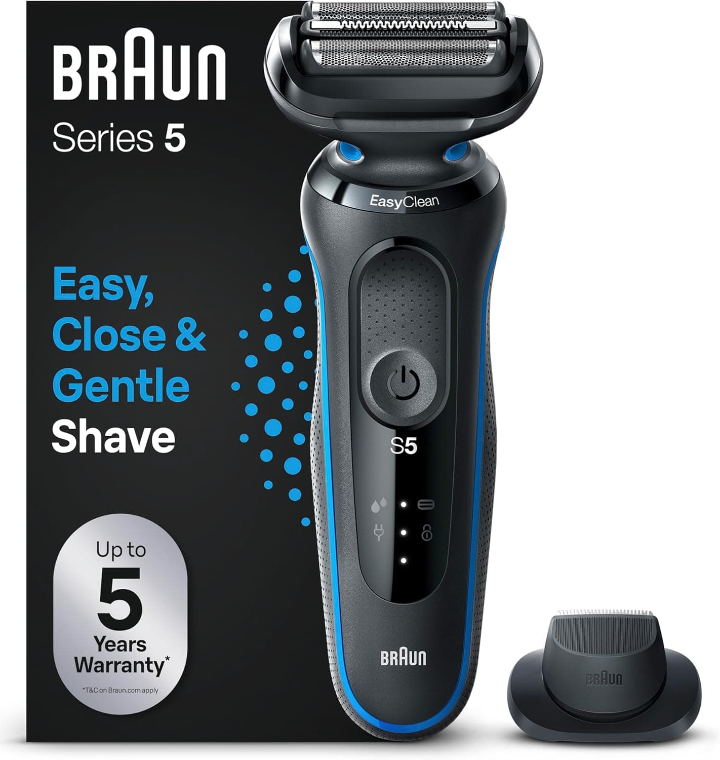 Braun Série 5 máquina de barbear elétrica para homem, máquina de barbear com aparador de precisão EasyClick, EasyClean, em seco e molhado, recarregável, sem fio, 51-B1200s, azul
