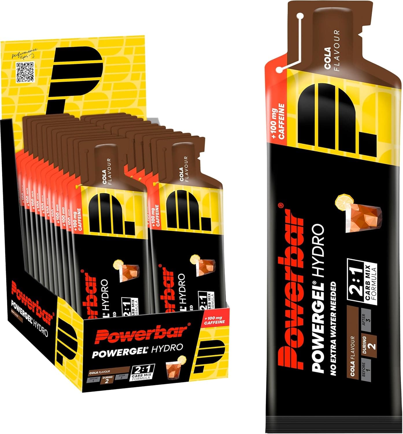 Powerbar PowerGel Hydro Cola 24 x 67 ml, gel energético de alto carbono + sódio 100 mg cafeína