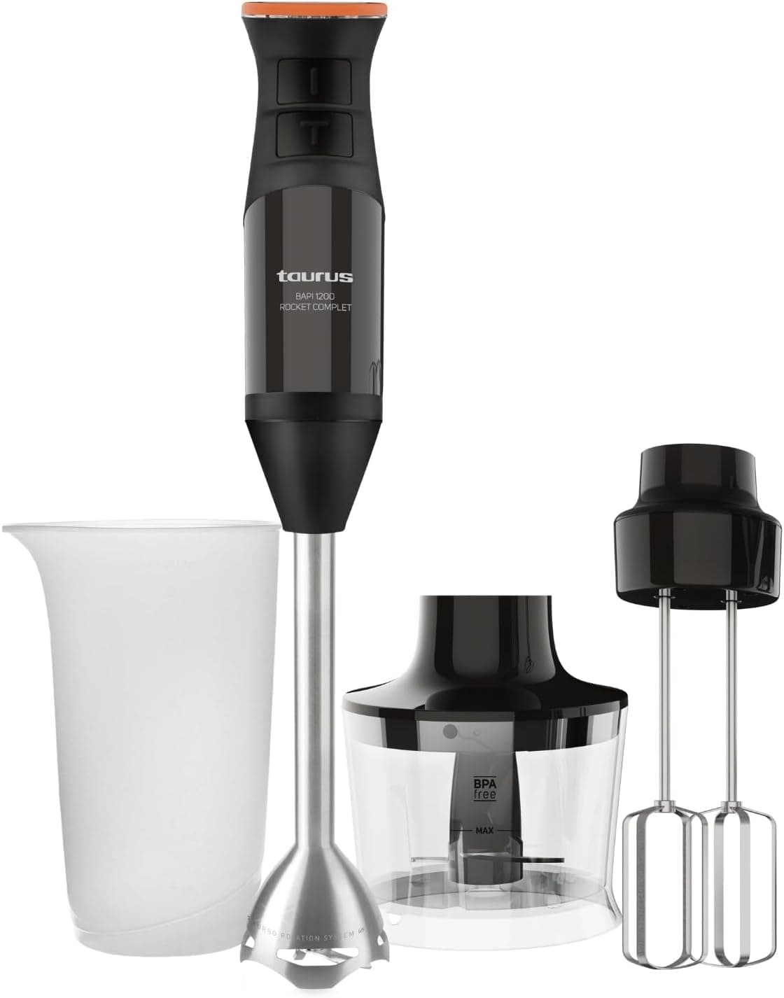 Taurus BAPI 1200 Rocket Liquidificadora de mão de 1200 W | regulador de 20 velocidades ajustável, função Turbo, lâminas de aço inoxidável, batedor duplo, design ergonómico, copo medidor 500 ml