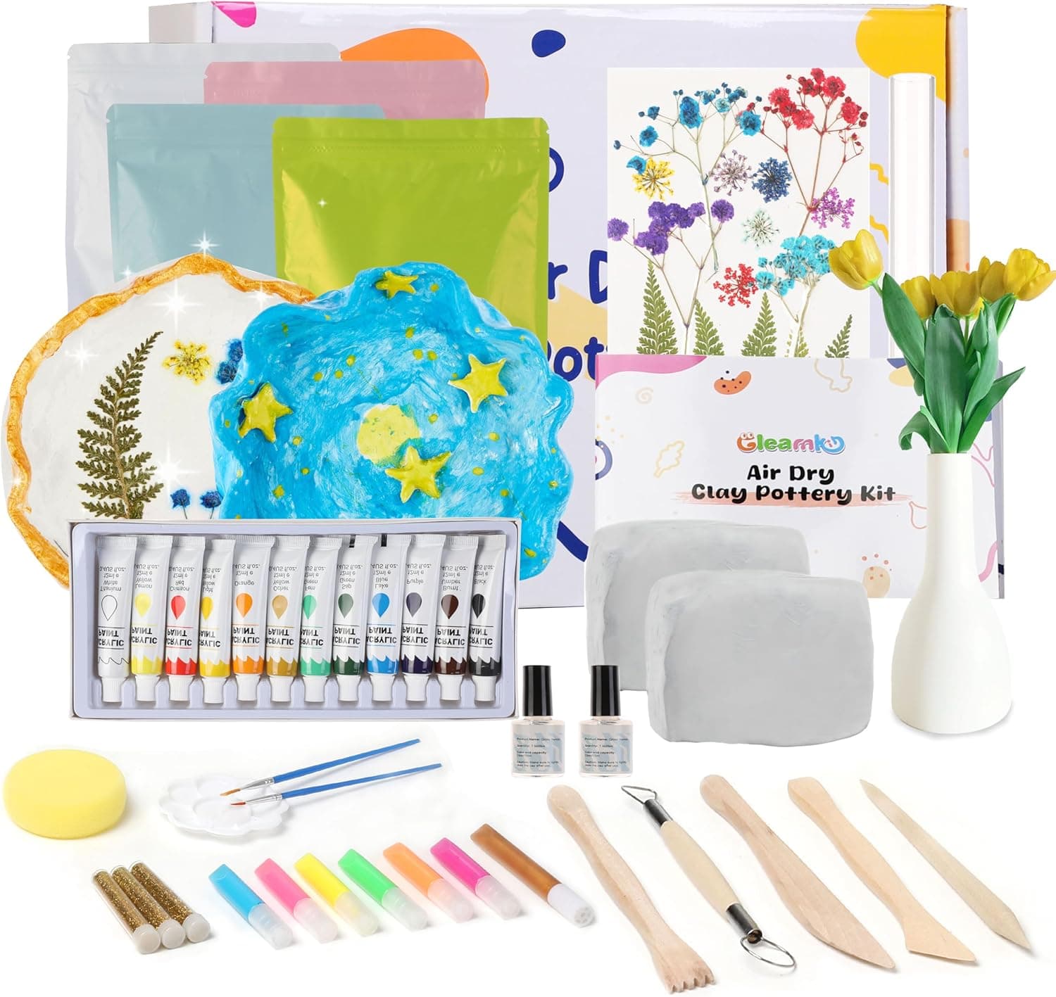 Gleamkid Kit de argila de secagem ao ar, kit de cerâmica para iniciantes, kit de argila para adultos, 12 pinturas/6 tons fluorescentes/ferramentas para esculpir/flor seca/pó de purpurina