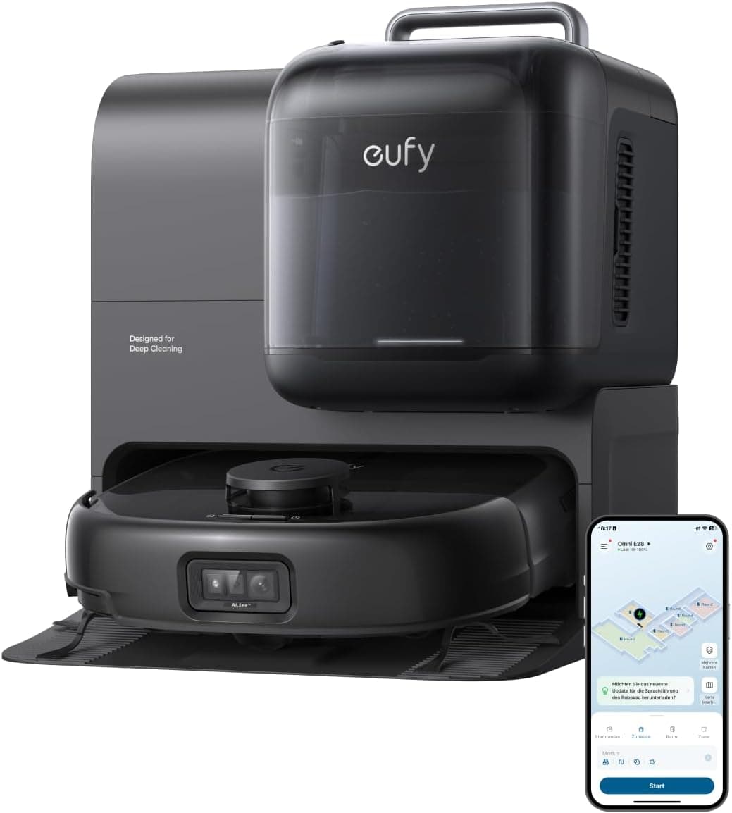 eufy Robot Aspirador Omni E28, aspirador de manchas portátil, sistema HydroJet, sucção turbo de 20.000 Pa, escovas desembaraçantes DuoSpiral, braço CornerRover, estação tudo em um