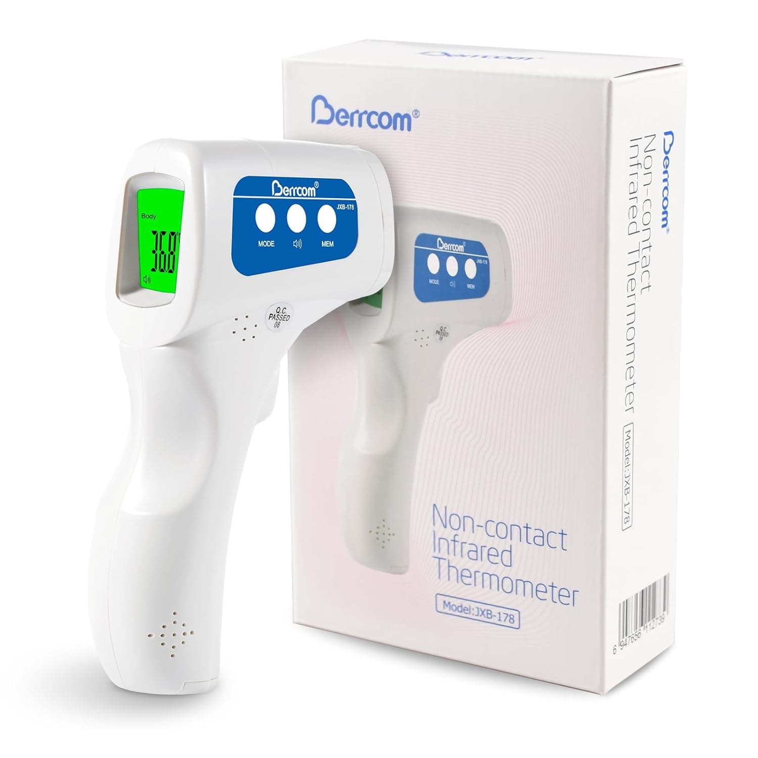 Berrcom Termómetro digital termómetro frente infravermelho sem contacto termómetro bebé médico termómetro ecrã retroiluminado de três cores, temperatura de leitura instantânea, ℃ e RUNFAL comutável