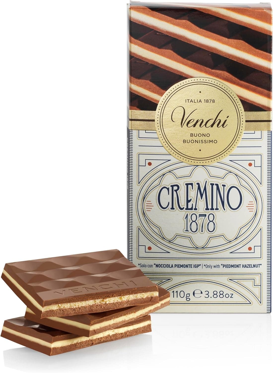Venchi Tablet cremino 1878, 110 g - chocolate com leite e avelãs gianduja e chocolate branco com pasta de amêndoas, sem glúten