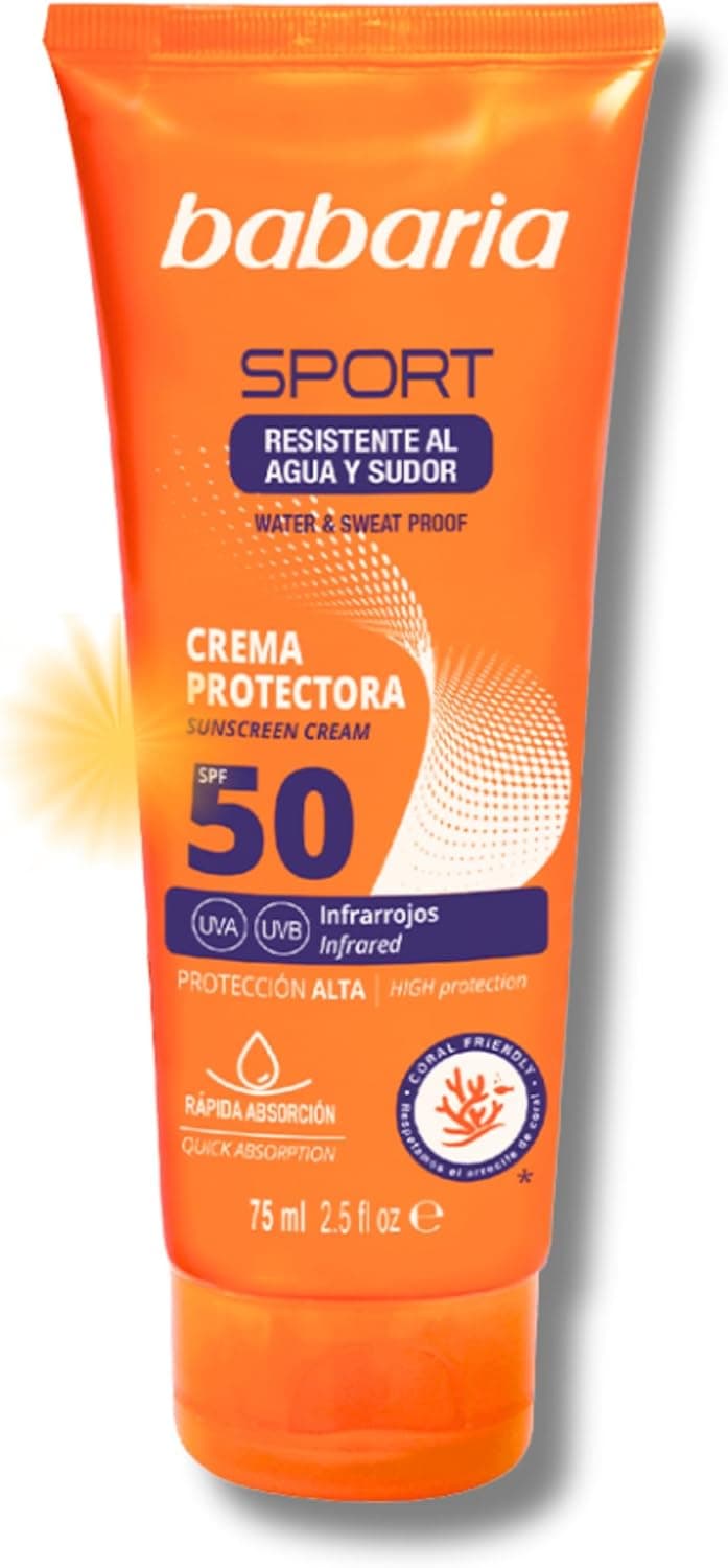 Babaria - Creme solar facial 50 Sport | proteção solar muito alta para atletas, ideais atividades ao ar livre no verão e no inverno, vegano, Biodegrabale e Coral Friendly | 75 ml