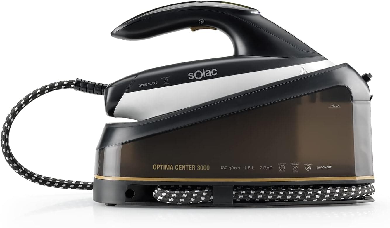 Solac CPB6100 Optima Center 3000 - Centro de passar a ferro, 7 bares de pressão, silencioso, 3000 W, Quick-Start em 30", golpe vapor 400 g/min, vapor constante máximo 130 g/min, 1,5 L, cerâmica
