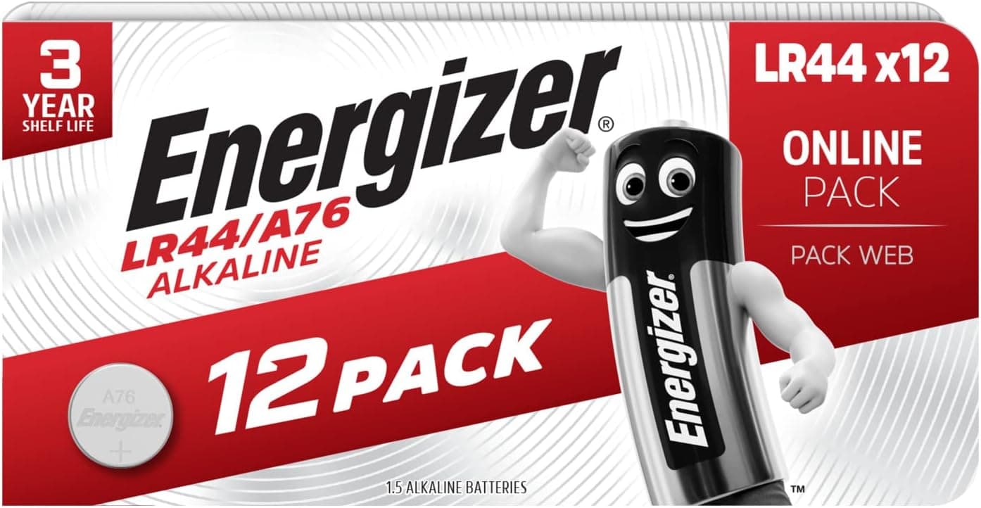 Energizer Pilhas LR44 (pacote de 12) - Baterias de botão A76 - 1,5 V alcalinas - para termómetros, calculadoras, relógios e outros - sem mercúrio - 3 anos de vida útil 