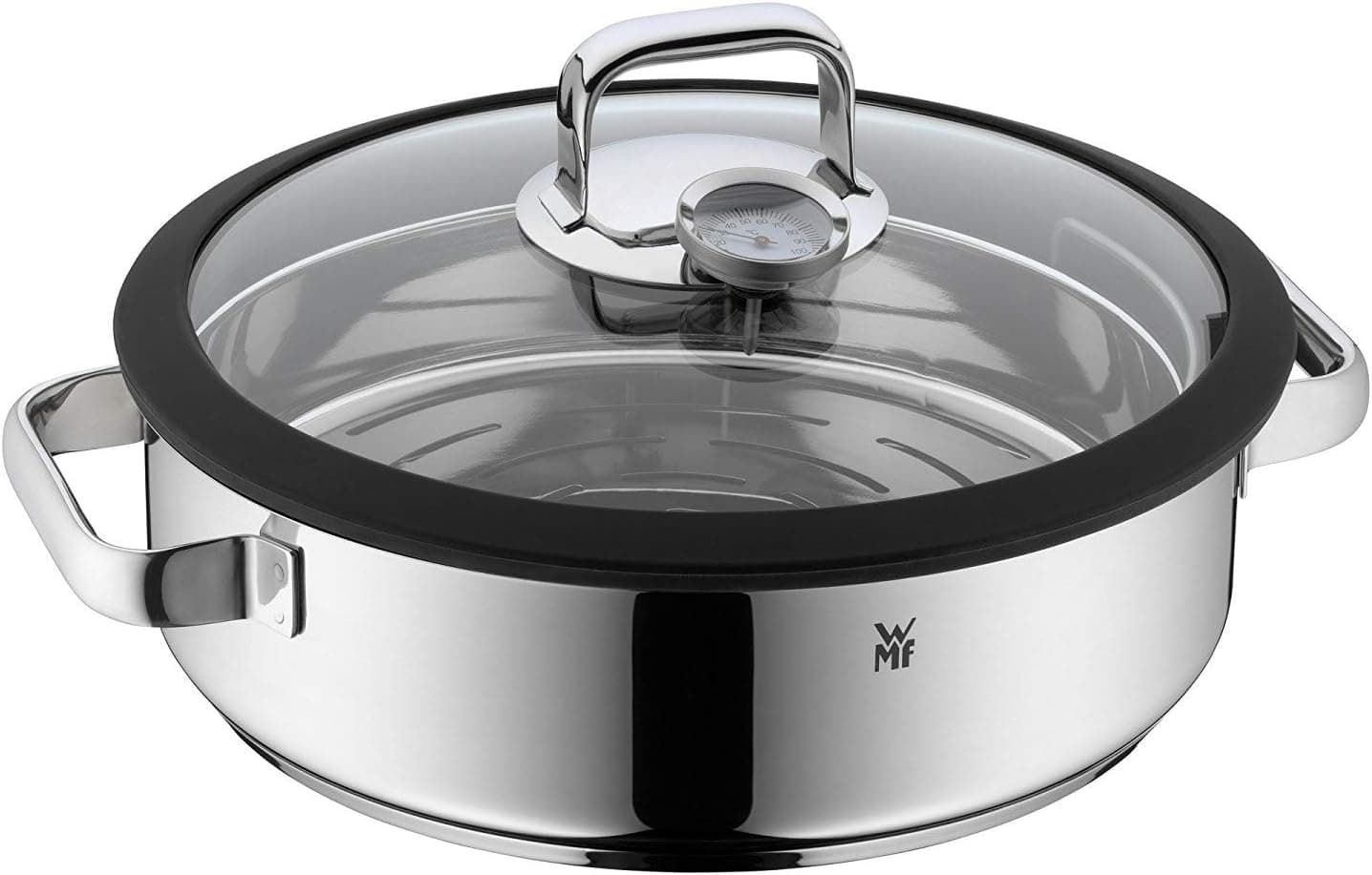 WMF Vitalis - Fonte redonda de cozedura a vapor 28 cm diâmetro, tampa de vidro com borda de silicone, termómetro, aço inoxidável cromado polido, adequado para indução e máquina de lavar louça, 5 L