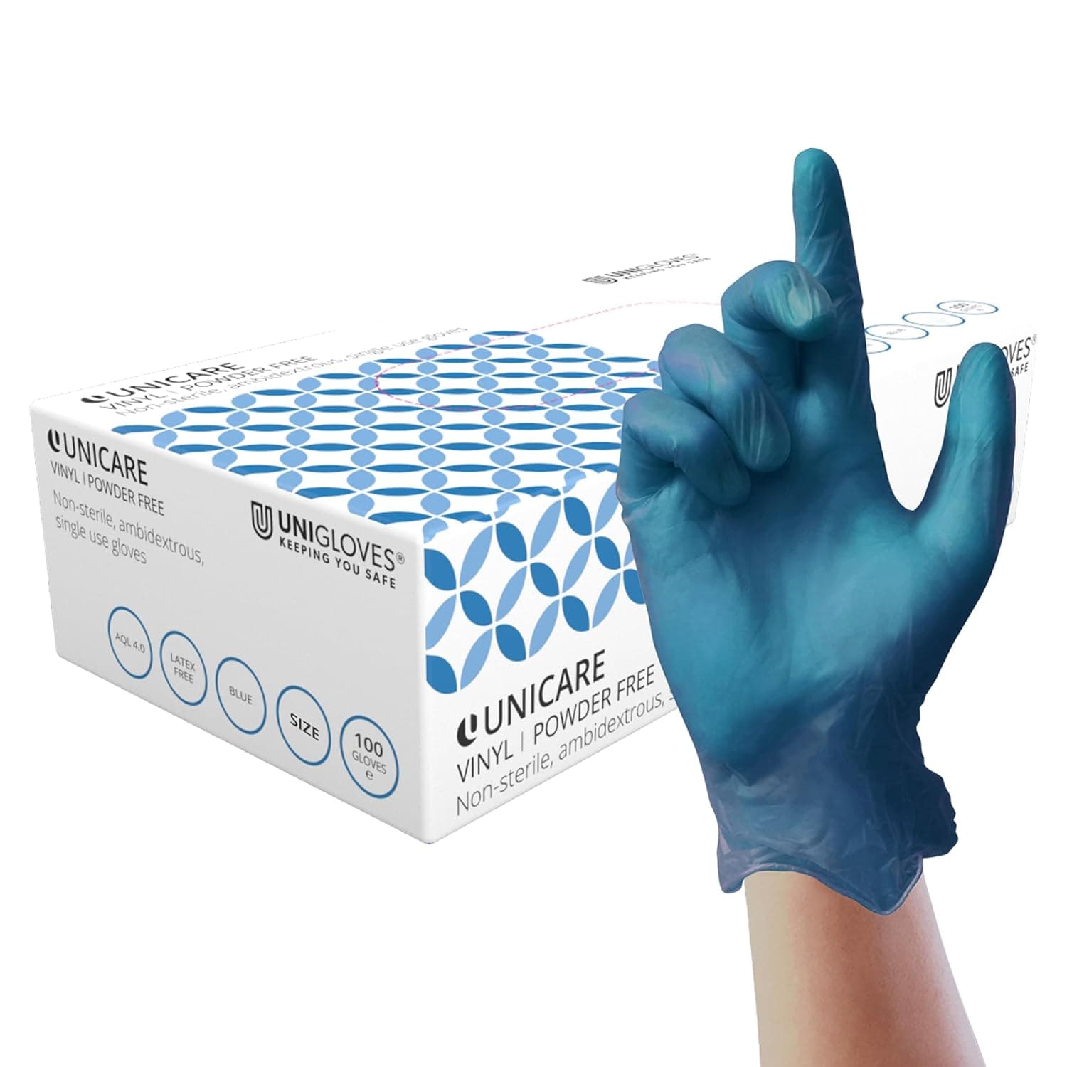 Unigloves Unicare GS0083 | Luvas descartáveis em vinil azul tamanho M pack de 100 unidades