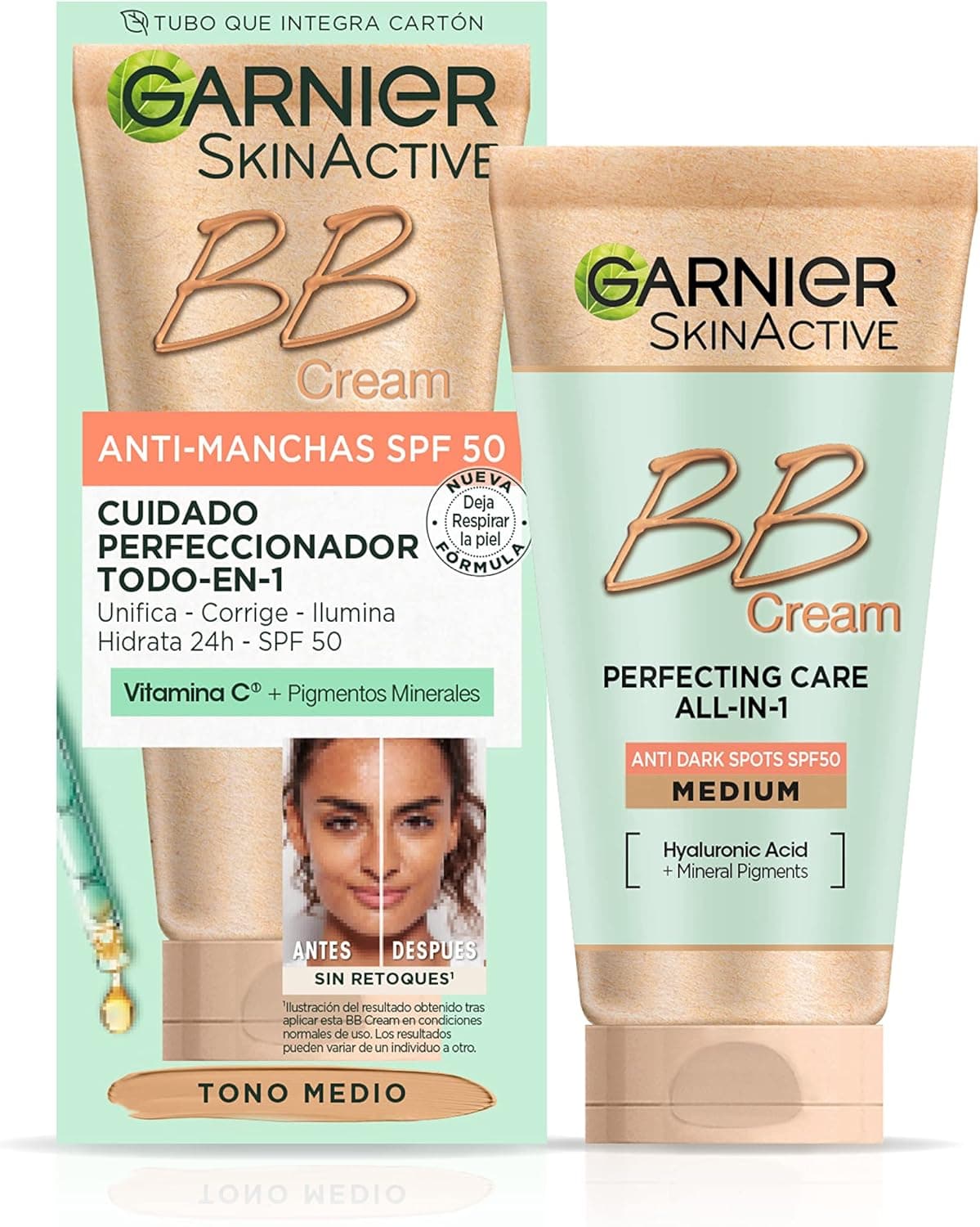 GARNIER BB Cream anti-manchas FPS 50 hidratante tudo em um com cor tom médio. Glicerina vegetal + vitamina E, unifica, protege e hidrata, 50 ml