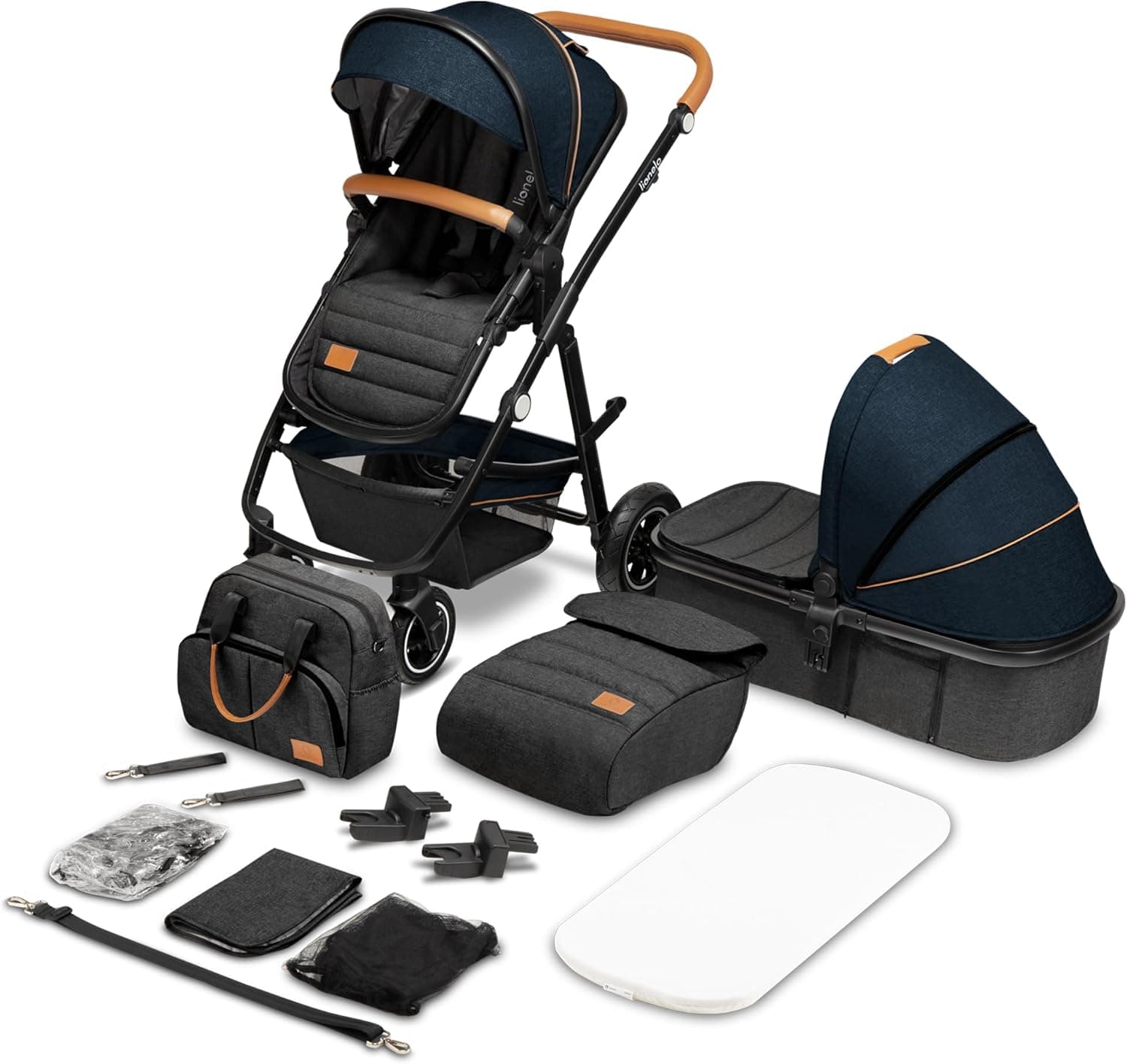 Lionelo Amber | Carrinho de bebé multifuncional 2 em 1 com cadeira auto, alcofa, manípulo ajustável, bolsa, mosquiteiro e capa de chuva, azul