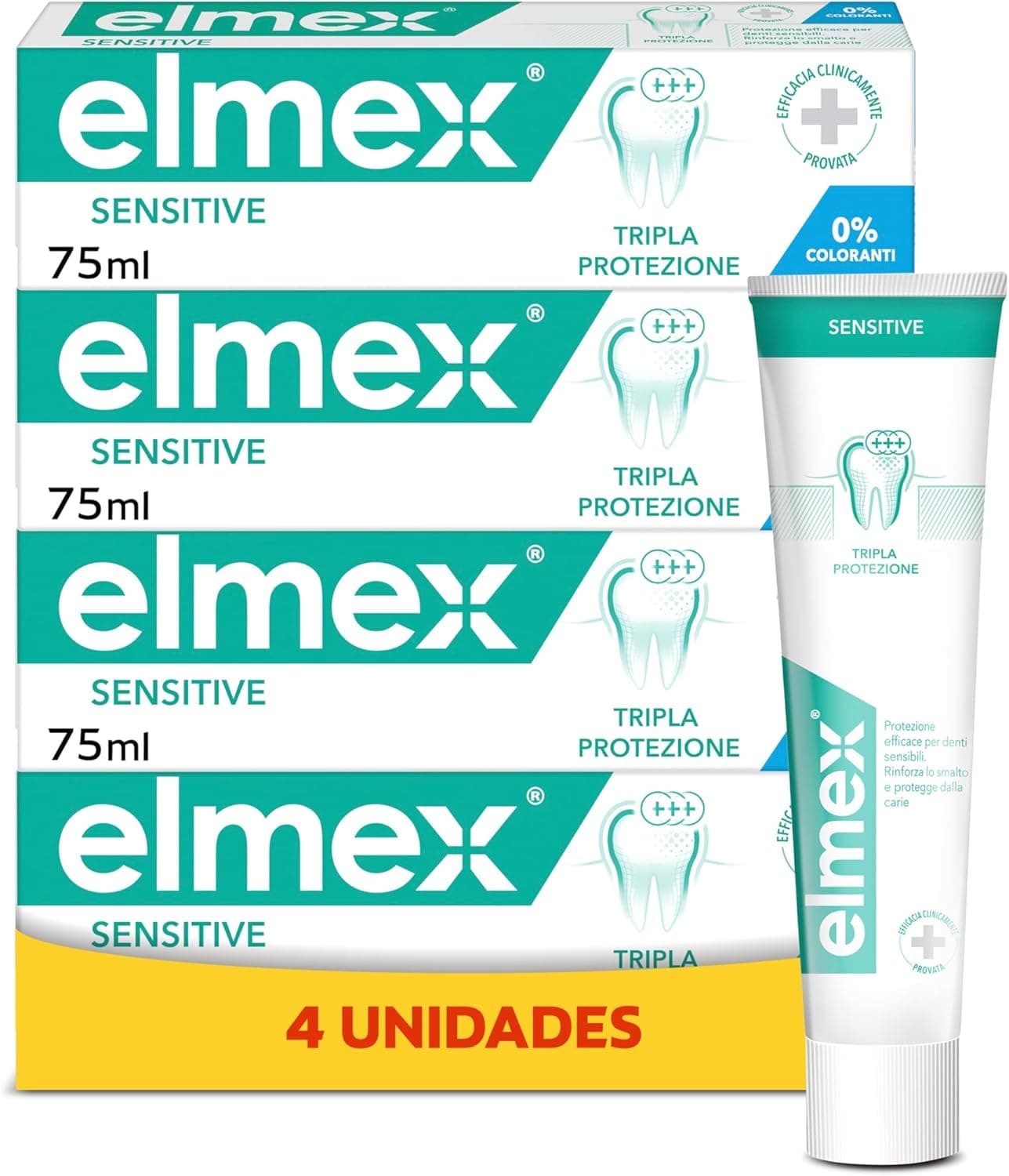 Elmex Sensitive Pasta de dentes com flúor de mina | 24 horas de proteção para dentes sensíveis, fortalece os dentes, remove a placa e limpa suavemente os dentes, pack 4 unidades x 75 ml