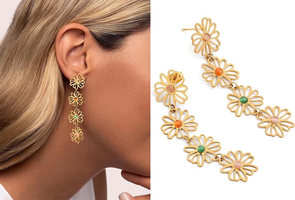 SINGULARU - Brincos margaridas. Aço com acabamento em casa de banho ouro de 18 Kt. Longas com motivo flores e pedras naturais. Fecho de aço e silicone. Joias para mulher, Ouro amarelo, Sem pedra