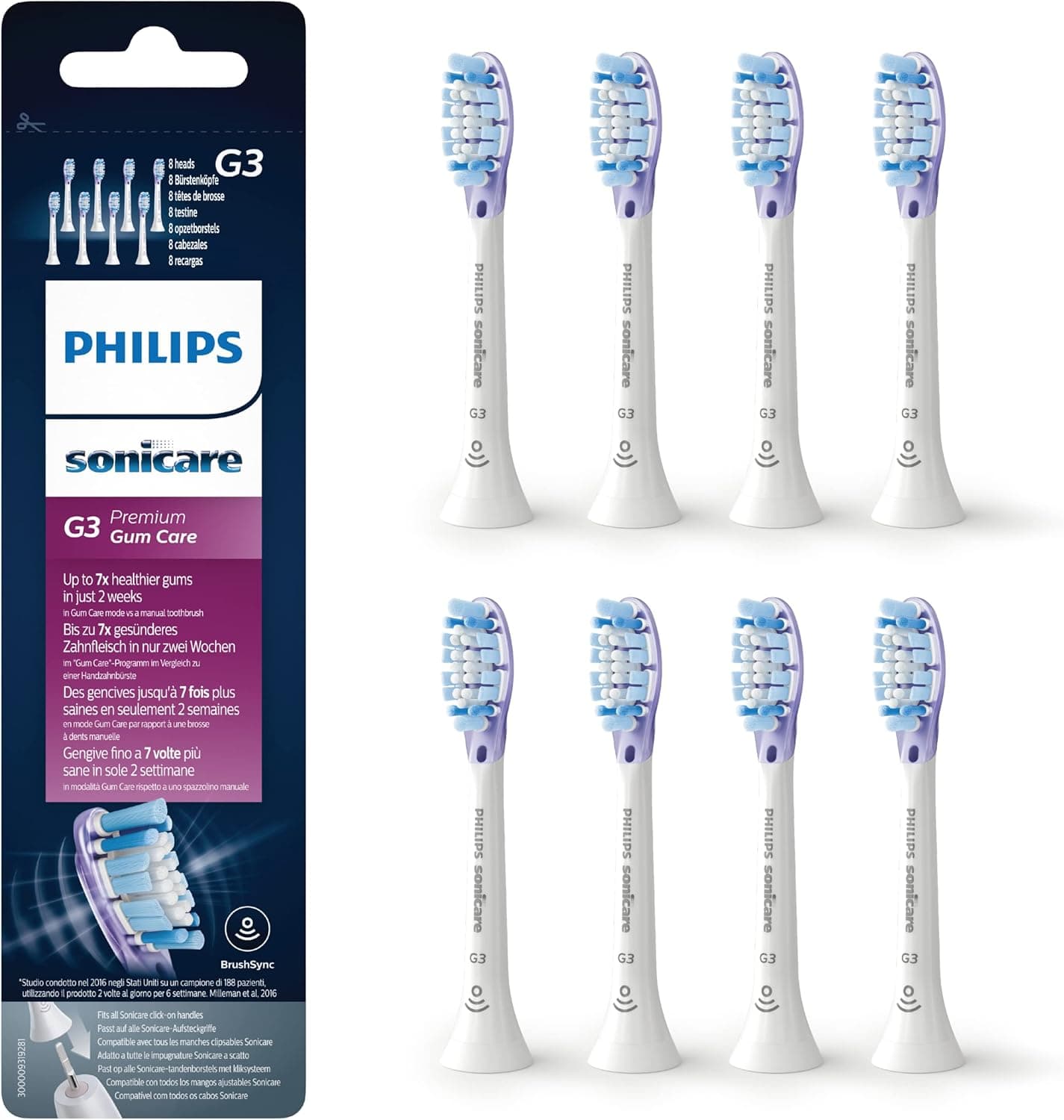 Philips Sonicare Cabeças originais G3 Premium Gum Care para escova de dentes elétrica sónica, embalagem de 8 unidades em branco (modelo HX9058/17)