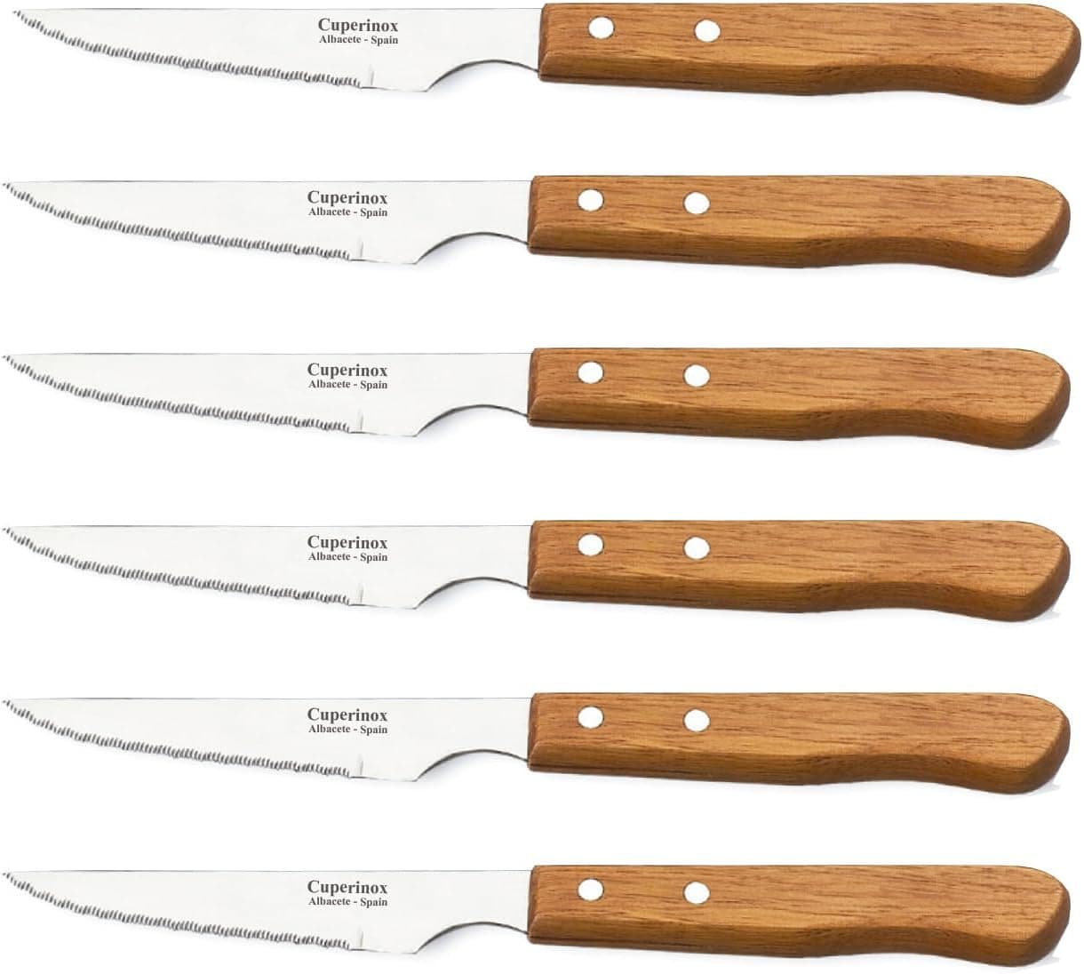CUPERINOX Facas de carne, facas de mesa, facas de carne, faca de serra, cabo de madeira, 100 mm, aço inoxidável, facas para mesa (madeira PRO - 6 peças)