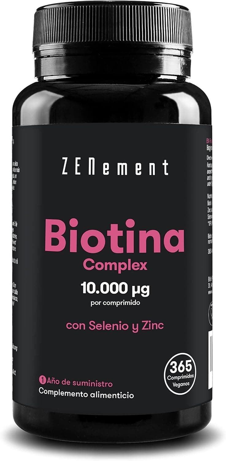 Biotina 10.000mcg Alta Dose, com selénio e zinco - 365 comprimidos veganos (fornecimento para 1 ano) - vitaminas para o cabelo, apoia o crescimento do cabelo, fortalece a pele e as unhas, sem aditivos