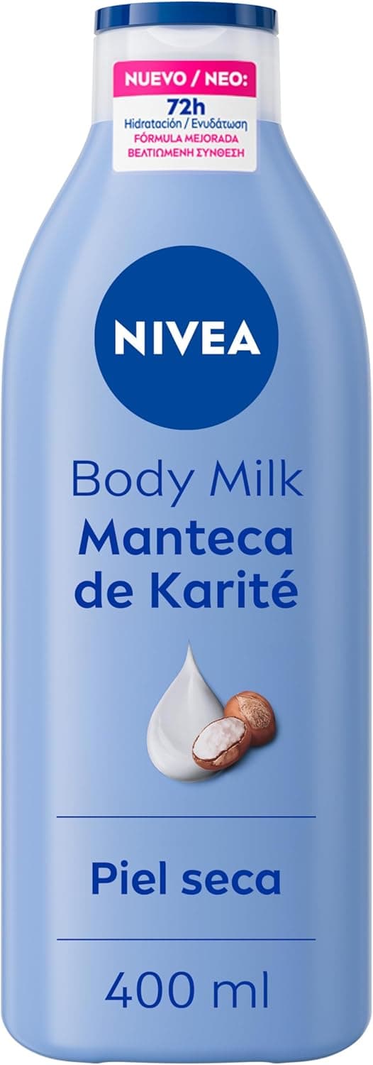 NIVEA Body Milk Shea Butter | Leite corporal hidratante 72h para pele seca com ácido hialurónico, 400 ml