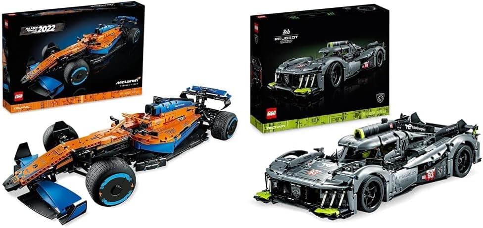LEGO Technic McLaren Carro de corridas Formula 1, casaco de construção para adultos e Technic Peugeot 9X8 24H Le Mans Hybrid Hypercar, mochila de carro de corrida para construir
