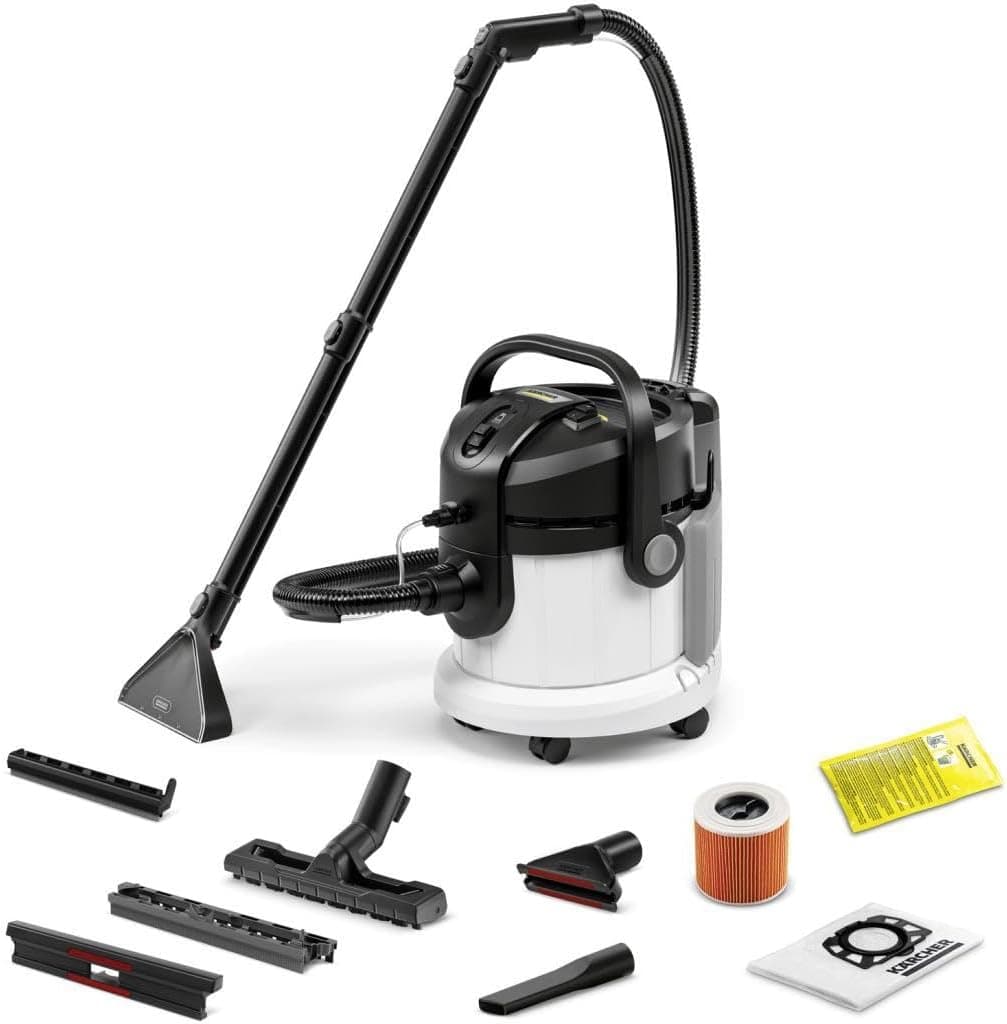 Kärcher Lava-aspiradora SE 4, manguera de aspiración con pulverizador, depósitos de 4 l, boquillas de lavado, de clip y para tapicerías, con accesorios para suelos duros y alfombras