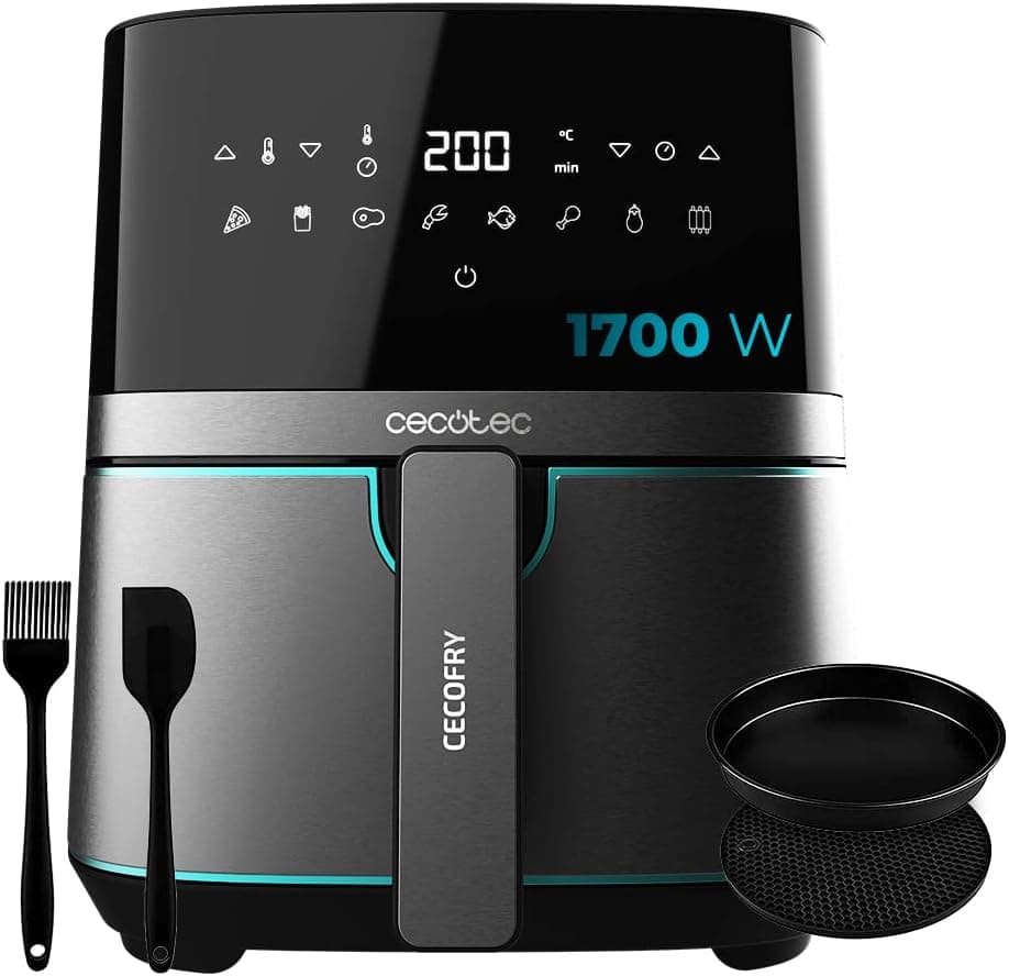 Cecotec Frigideira de ar sem óleo de 5,5 l, Air Fryer Cecofry Full InoxBlack 5500 Pro, com acessórios. 1700 W, dietética e digital, tátil, acabamentos em aço inoxidável, 8 modos, pack de acessórios