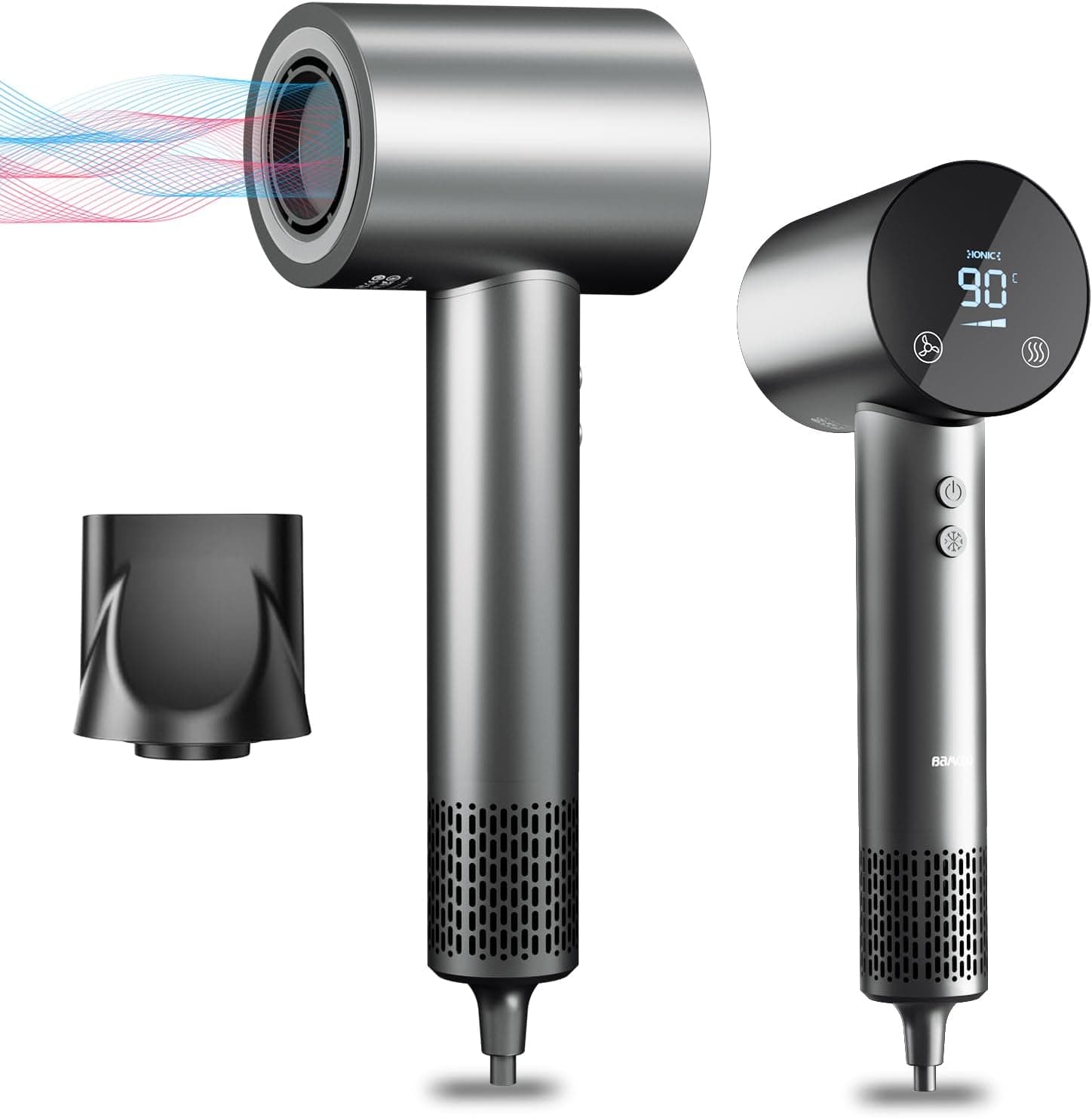 BAMCOO Secador de cabelo profissional iónico 1500 W secador de cabelo viagem ecrã táctil de alta definição 4 configurações de temperatura e 3 configurações de velocidade (cinzento)