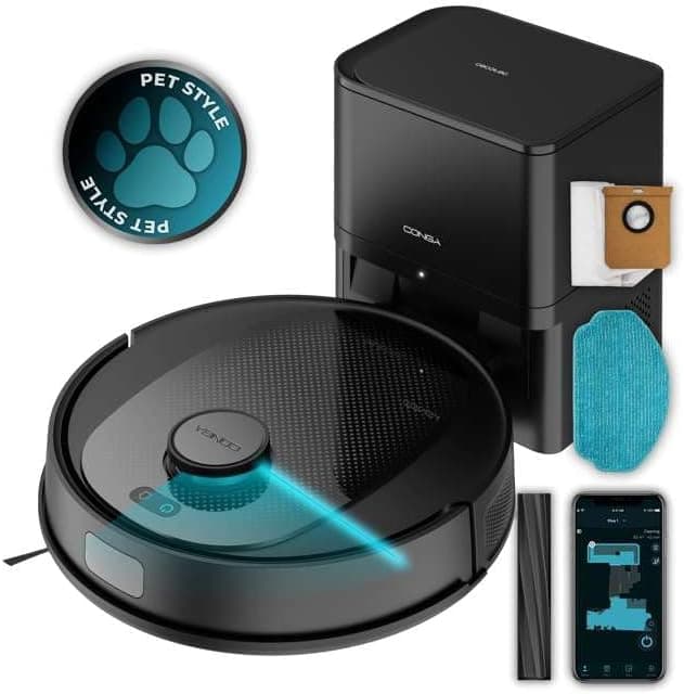 Cecotec Robot aspirador e base auto-esvaziada Conga 7690 Immortal MAX Home M, navegação a laser, sucção 5000 Pa, até 220 min Autonomia, base, 2,5 L, Controlo App, 4 em 1 bar, aspira, esfregue e passe