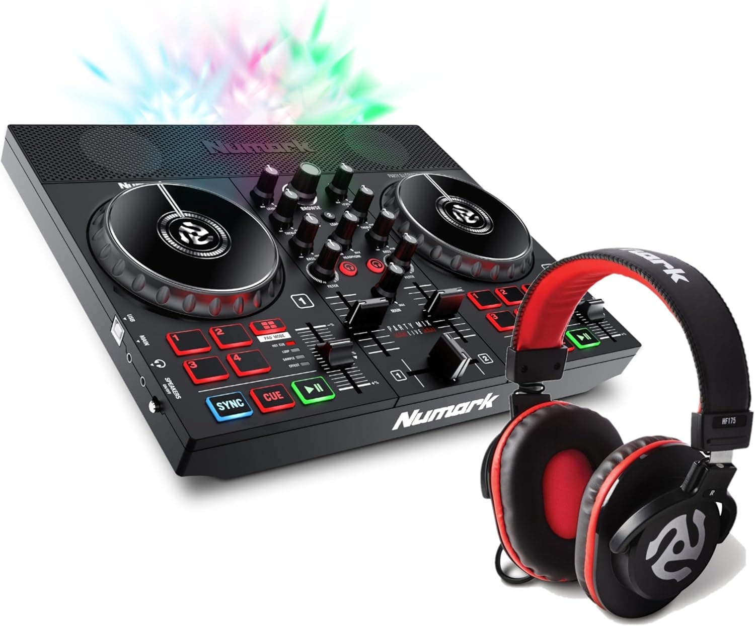 Numark Party Mix Live Auriculares DJ HF175 - Conjunto de DJ, controlador DJ com luzes DJ integradas, altifalantes e misturador DJ + auriculares de DJ profissionais