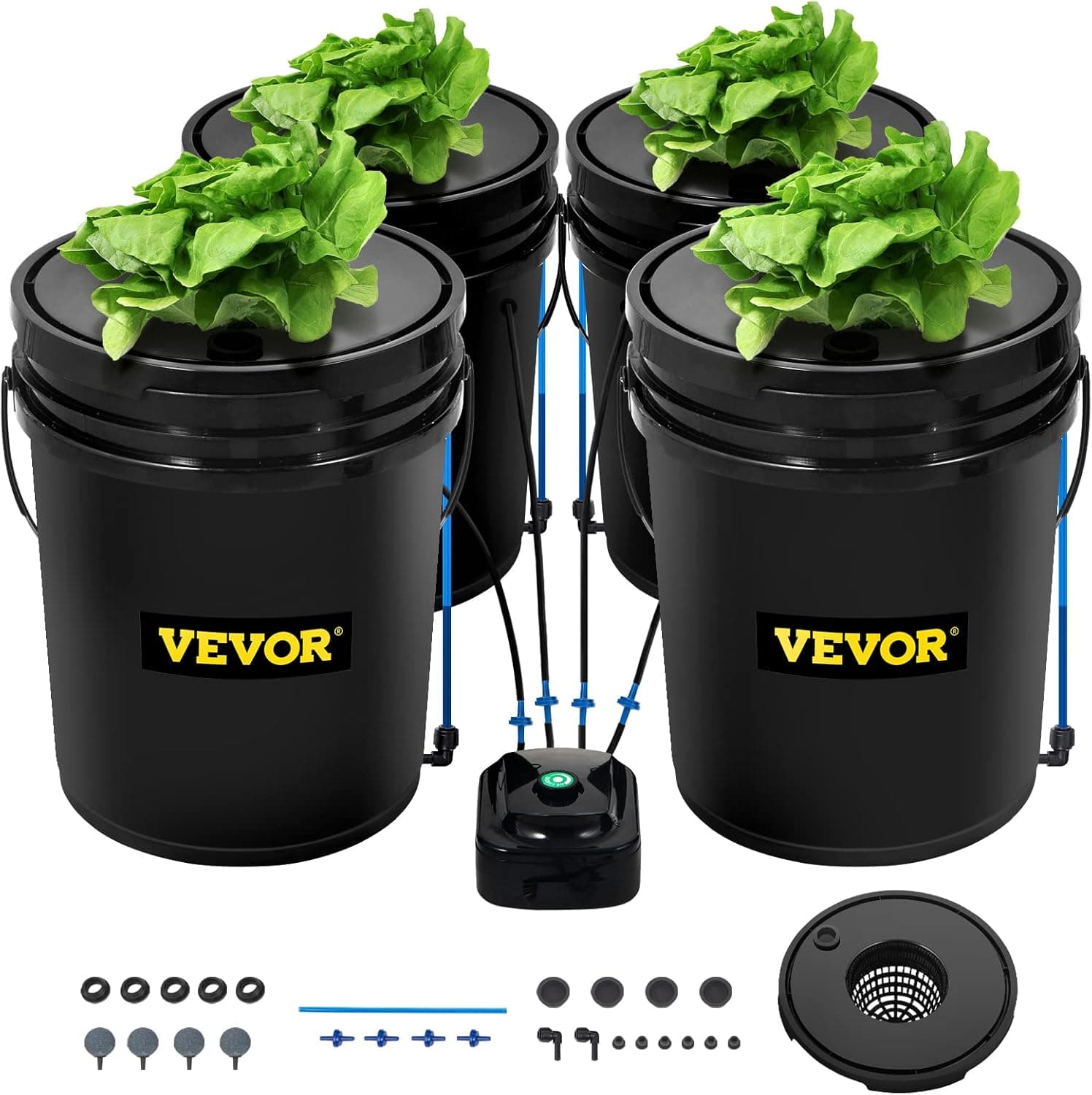 VEVOR DWC Sistema de cultivo hidropónico kit de cultivo de água profunda de 20 l 4 cubos com bomba de ar pedras de ar dispositivo de nível de água sistema hidropônico DWC para vegetais de folhas
