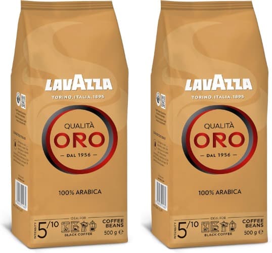 Lavazza, Qualità ouro, café em grão natural, ideal para a máquina de café expresso, com notas aromáticas de frutas e flores, 100% árabe, intensidade 5, torção média, embalagem de 500 g x 2