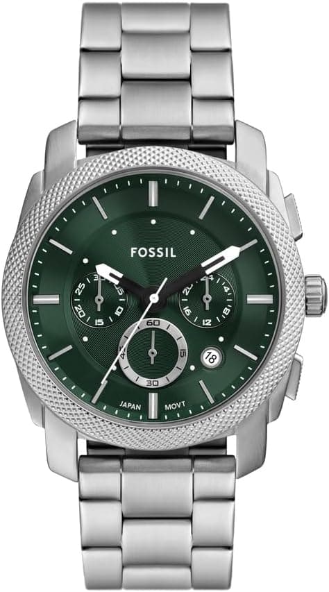 Fossil Relógio Machine para Homem, Cronógrafo de Quartzo, Caixa de 45 mm em Aço Inoxidável Fumado com Bracelete em Aço Verde Esmeralda