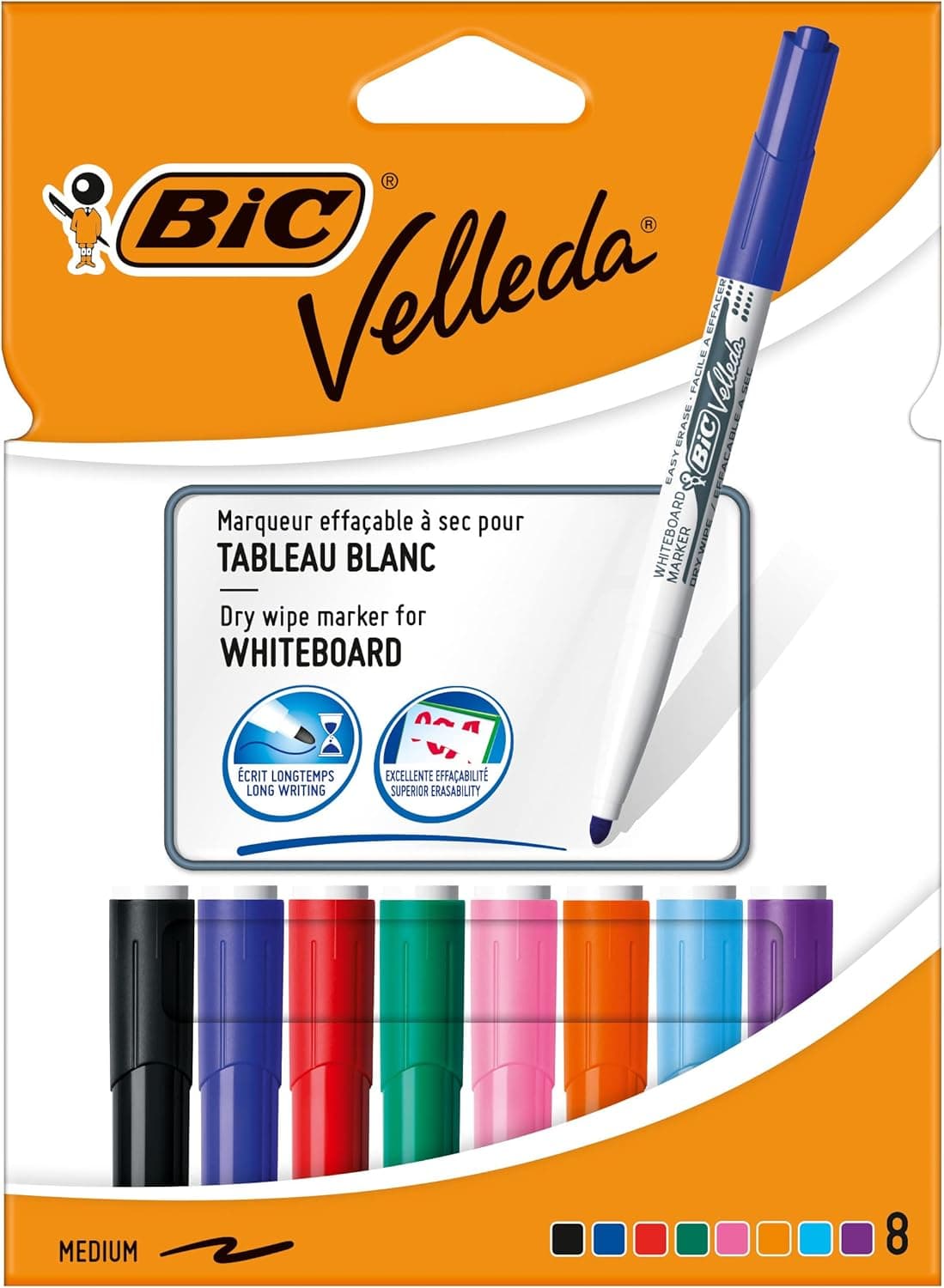 BIC Velleda Embalagem de marcadores para quadro branco, 8 marcadores de cores diferentes