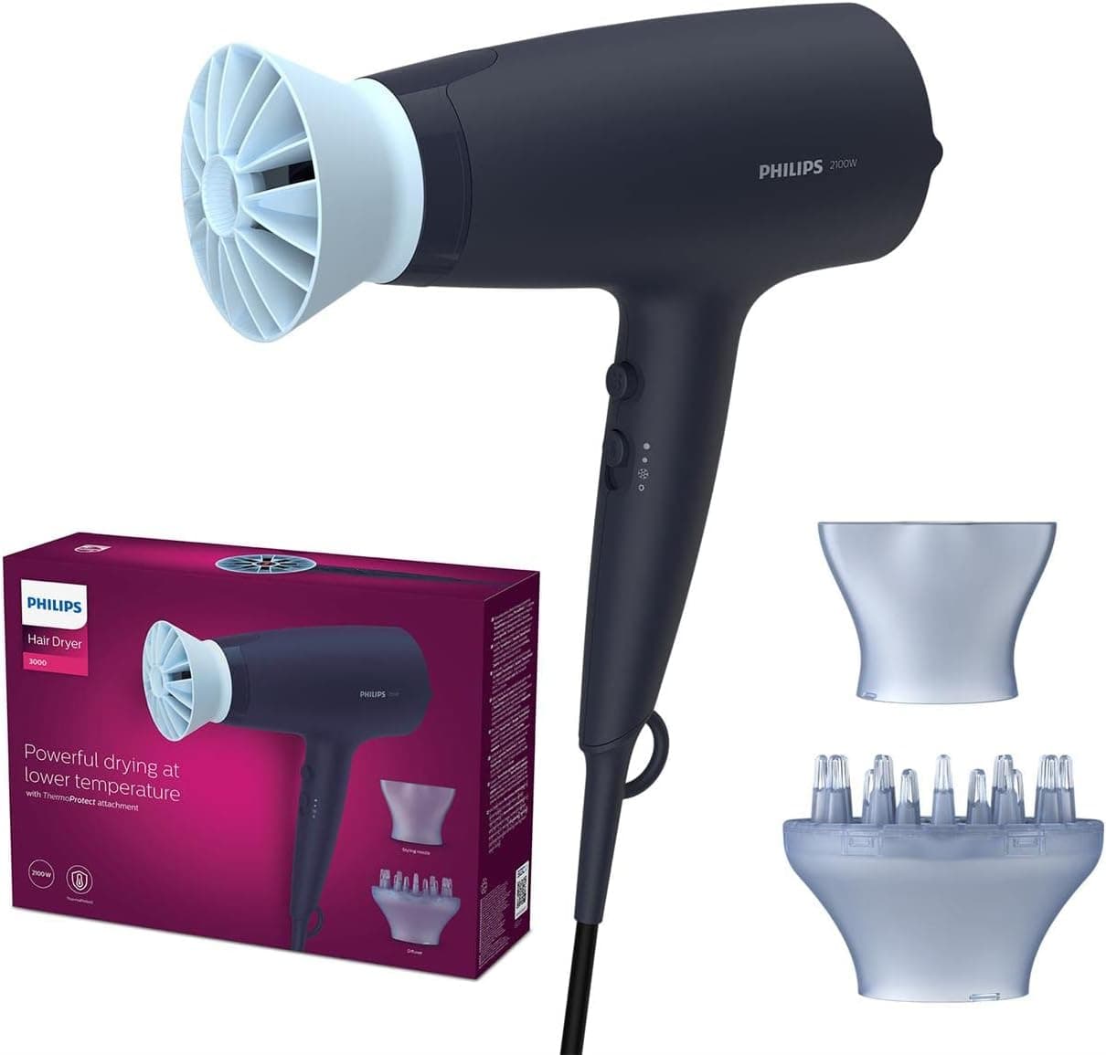  Philips Secador de cabelo série 3000, 2100w, 2 acessórios, estreito e disfusor, tecnologia ThermoProtect, BHD360/20