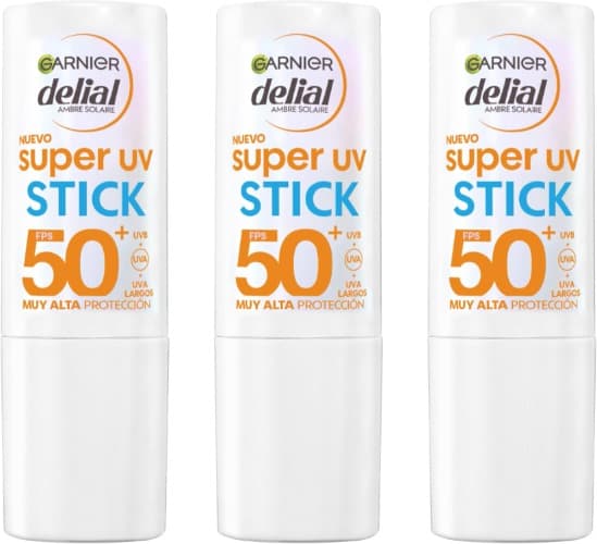 Garnier Delial Super UV Stick antioxidante e hidratante com [vitamina E]. Proteção muito alta FPS 50+. Acabamento invisível. Não oleoso. 9 ml x 3