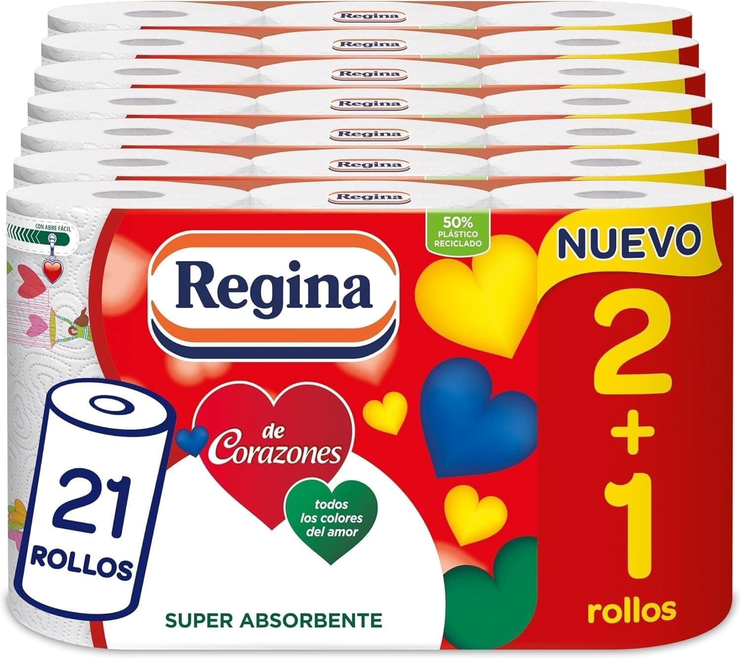 Regina De corações - 21 rolos de papel de cozinha, 58 folhas de 2 camadas por rolo, máxima absorção, 100% de pura celulosa, embalagem de plástico reciclado, certificado FSC