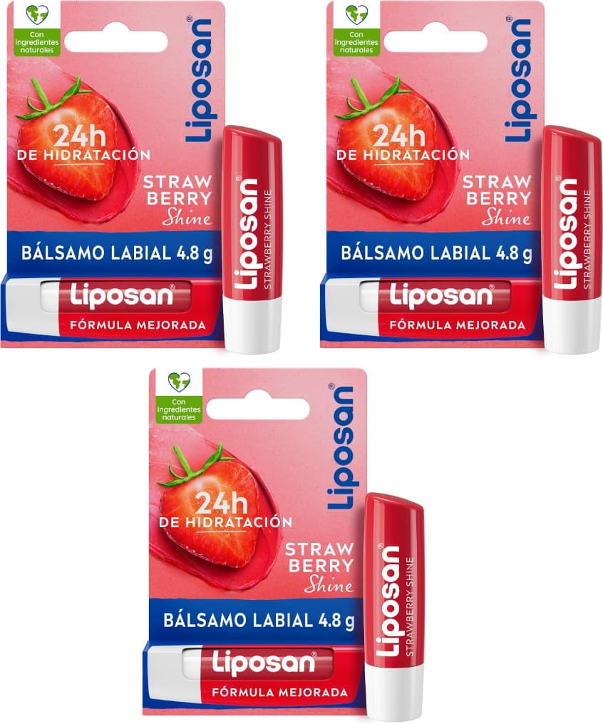Liposan Strawberry Shine | Bálsamo labial com aroma a morango para lábios suaves e hidratados, 4,8 g x 3