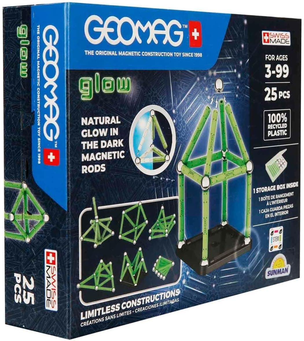 Geomag, Glow Recycled, Construções magnéticas, efeito Glow, barras que brilham no escuro, embalagem de 25 peças, plástico 100 % reciclado