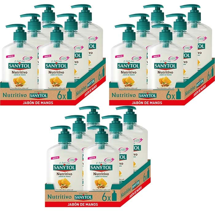 Sanytol Sabão de mãos nutritivo e antibacteriano com amêndoas e mel, limpa, neutro e repara a pele das suas mãos, fórmula testada dermatológica e clinicamente, 18 x 250 ml