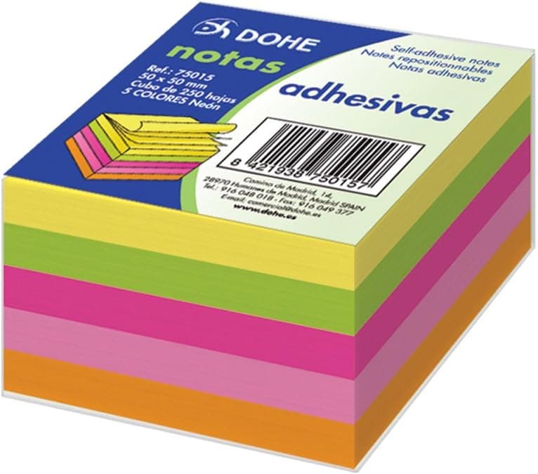 Dohe - Notas adesivas quadradas (250 unidades). - Tamanho 5 x 5 cm, 5 cores: Amarelo, verde, rosa, laranja e fúcsia, colado fácil em várias superfícies